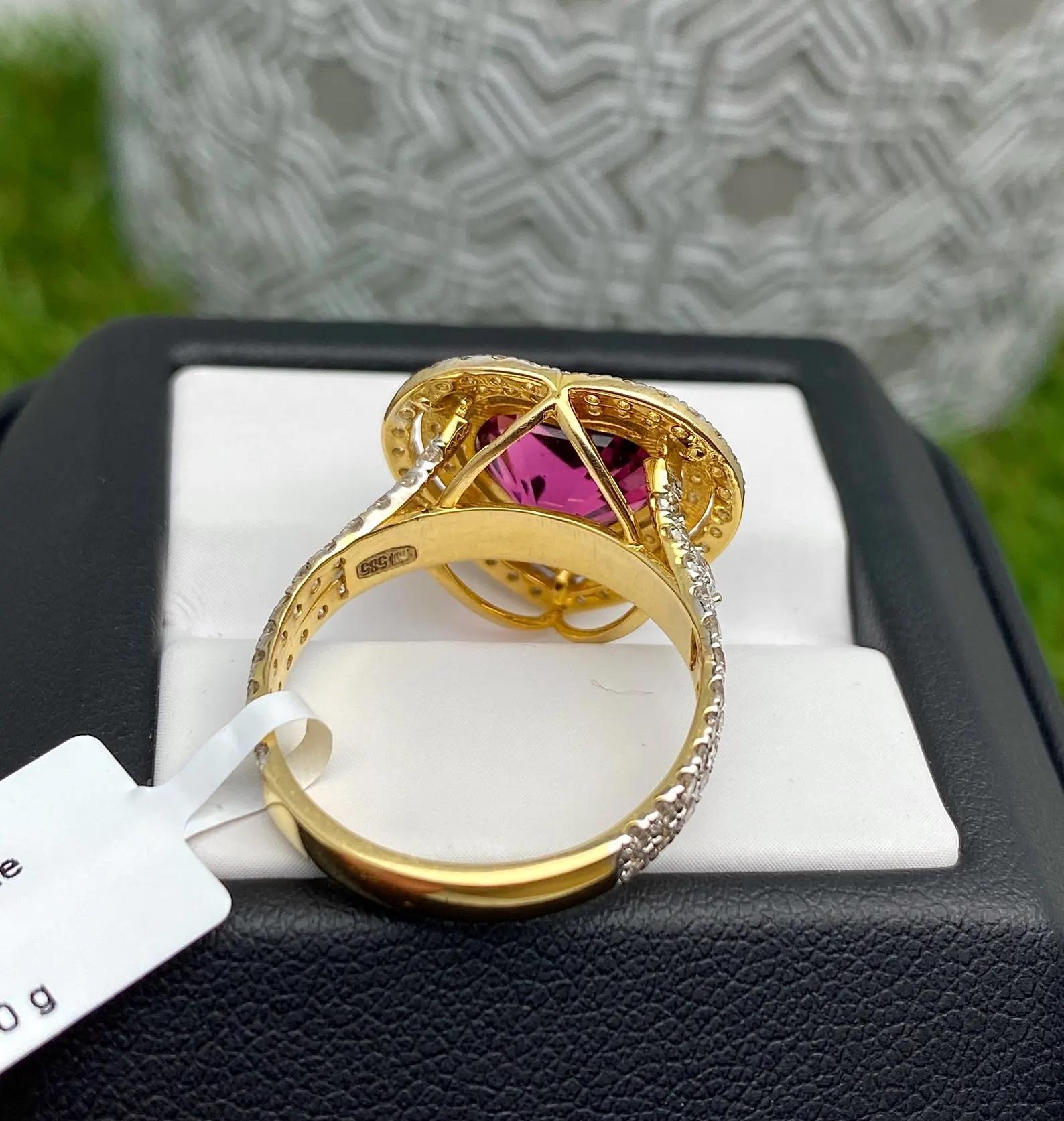 Granate rodolita 5,22 ct y diamantes gema natural Anillo de oro amarillo de 14 K 7US en venta 3