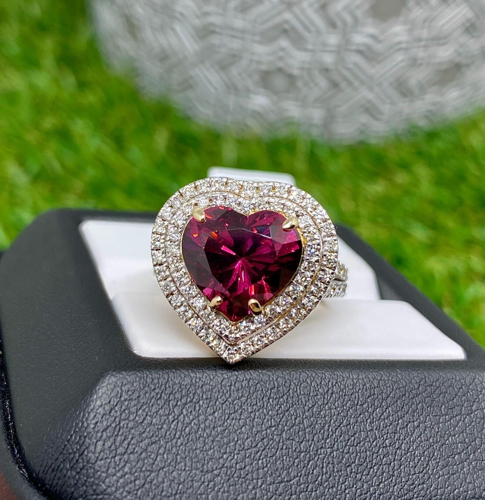 Granate rodolita 5,55 ct y diamantes Anillo de gema natural Oro amarillo de 14 K 7US en venta 5