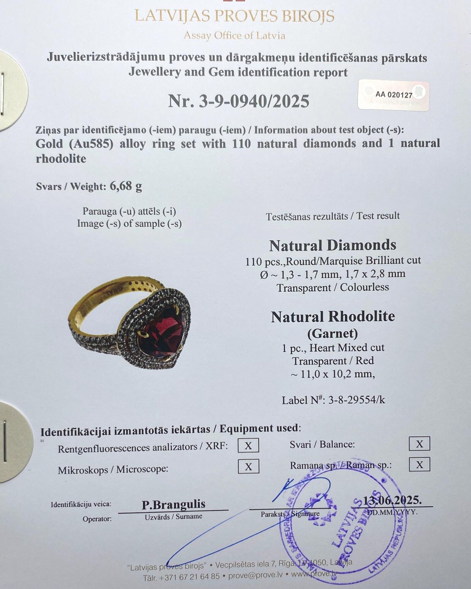 Granate rodolita 5,55 ct y diamantes Anillo de gema natural Oro amarillo de 14 K 7US en venta 3