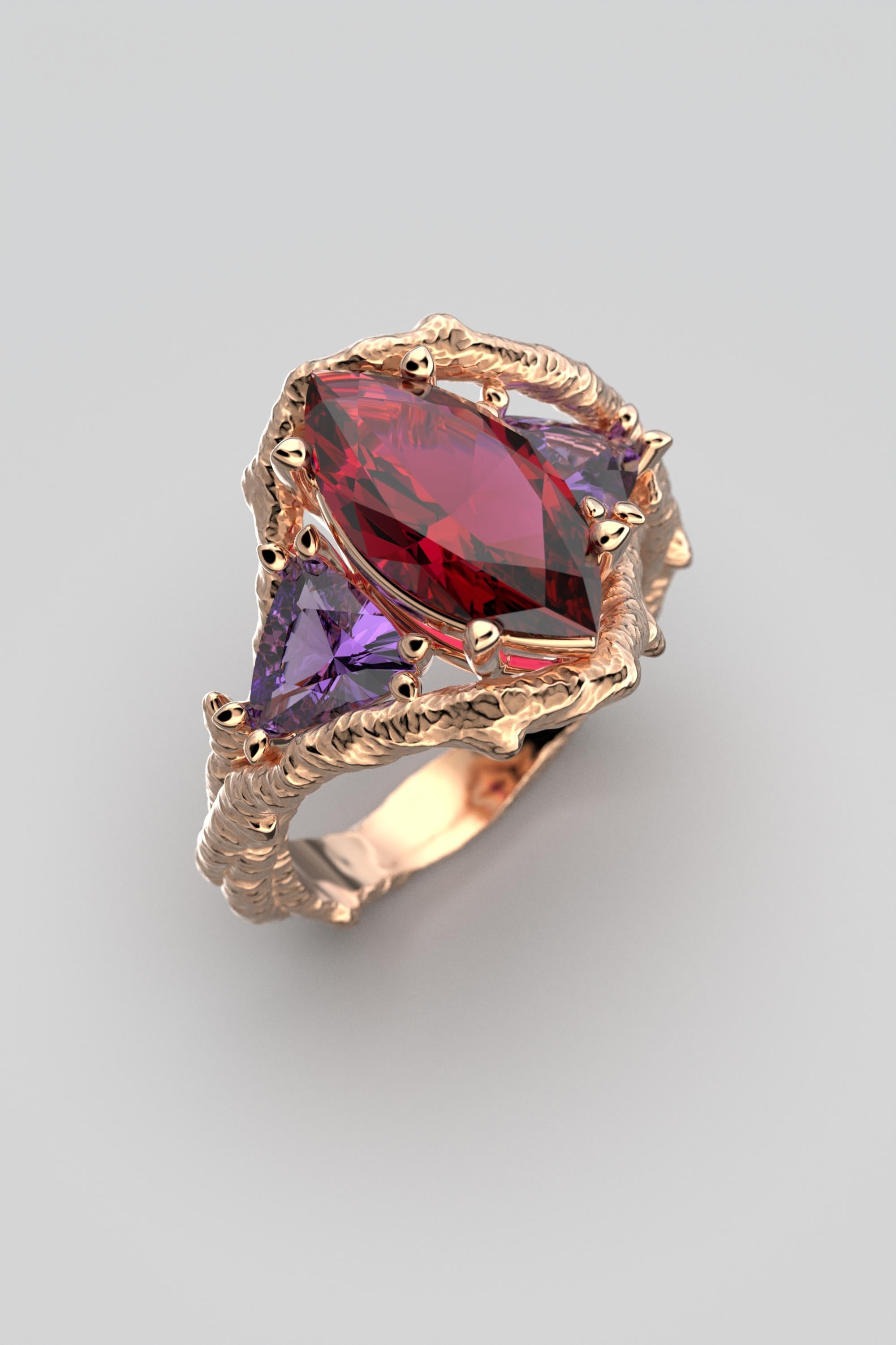 For Sale:  Rhodolite Garnet and Amethyst 14k Solid gold ring, Gold Ring Made In Italy 11