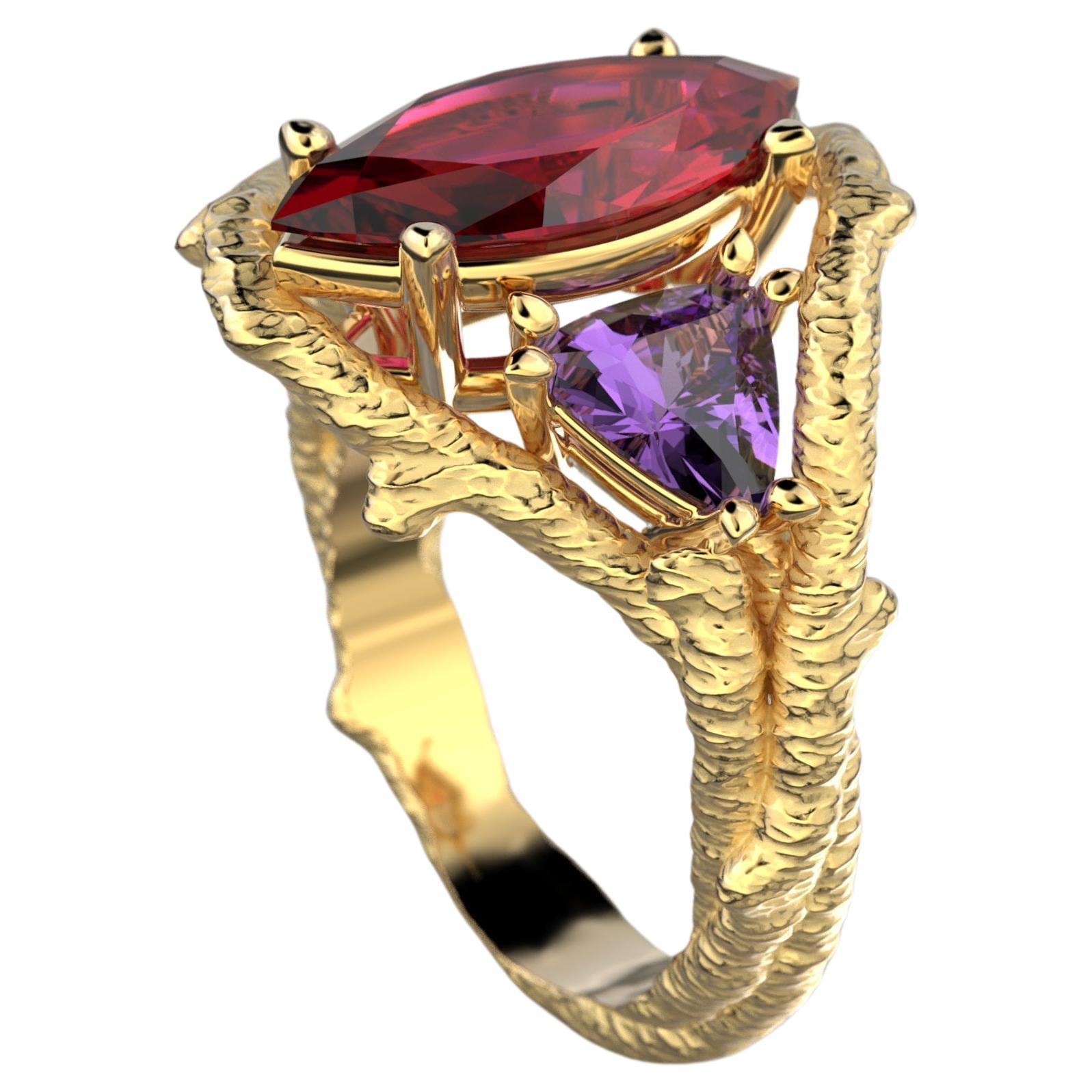 Im Angebot: Ring aus 14 Karat massivem Gold mit Rhodolith, Granat und Amethyst, Goldring, hergestellt in Italien () 2