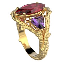 Rhodolite Garnet and Amethyst 14k Solid gold ring, Gold Ring Made In Italy