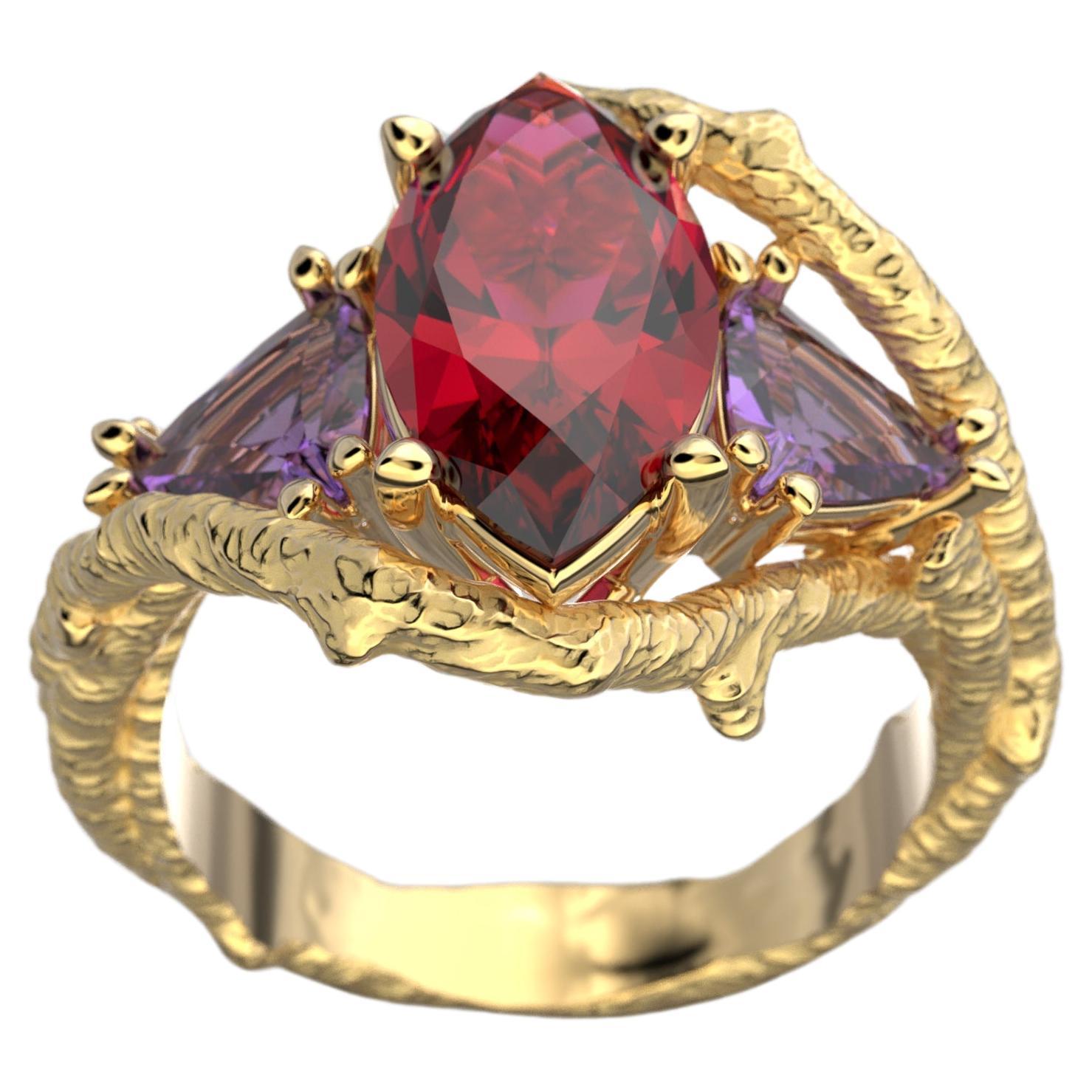 For Sale:  Rhodolite Garnet and Amethyst 14k Solid gold ring, Gold Ring Made In Italy 3