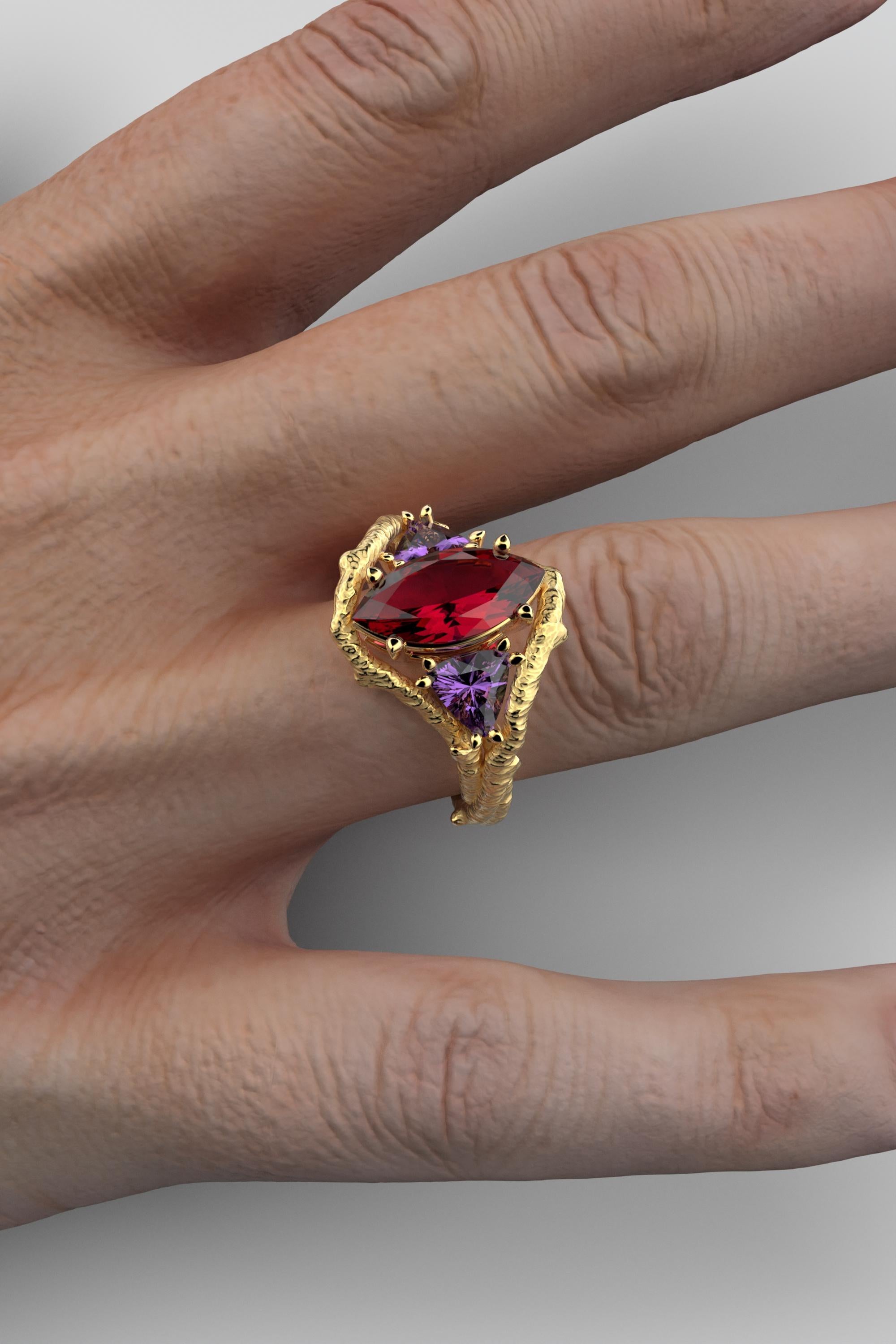 For Sale:  Rhodolite Garnet and Amethyst 14k Solid gold ring, Gold Ring Made In Italy 6