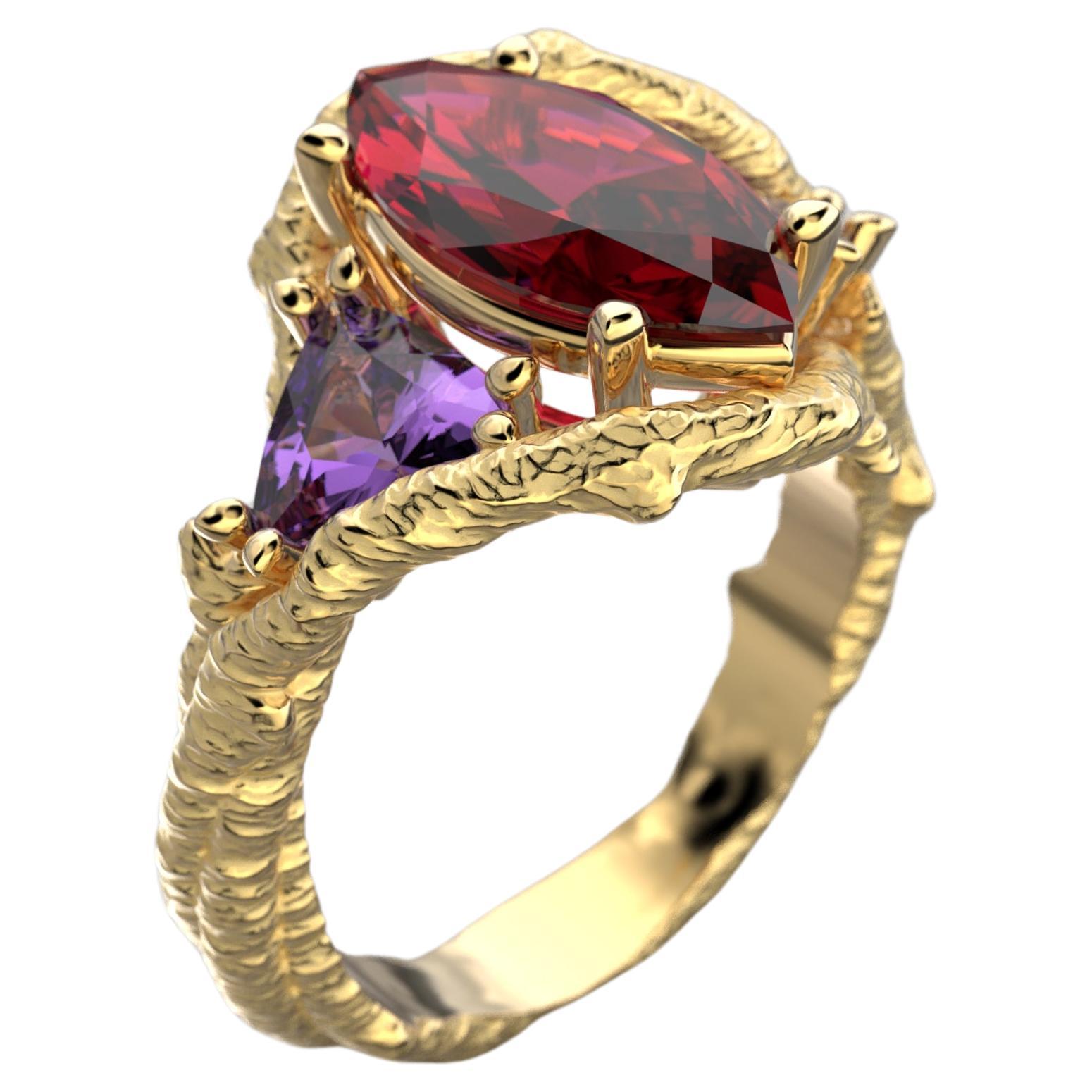 For Sale:  Rhodolite Garnet and Amethyst 14k Solid gold ring, Gold Ring Made In Italy