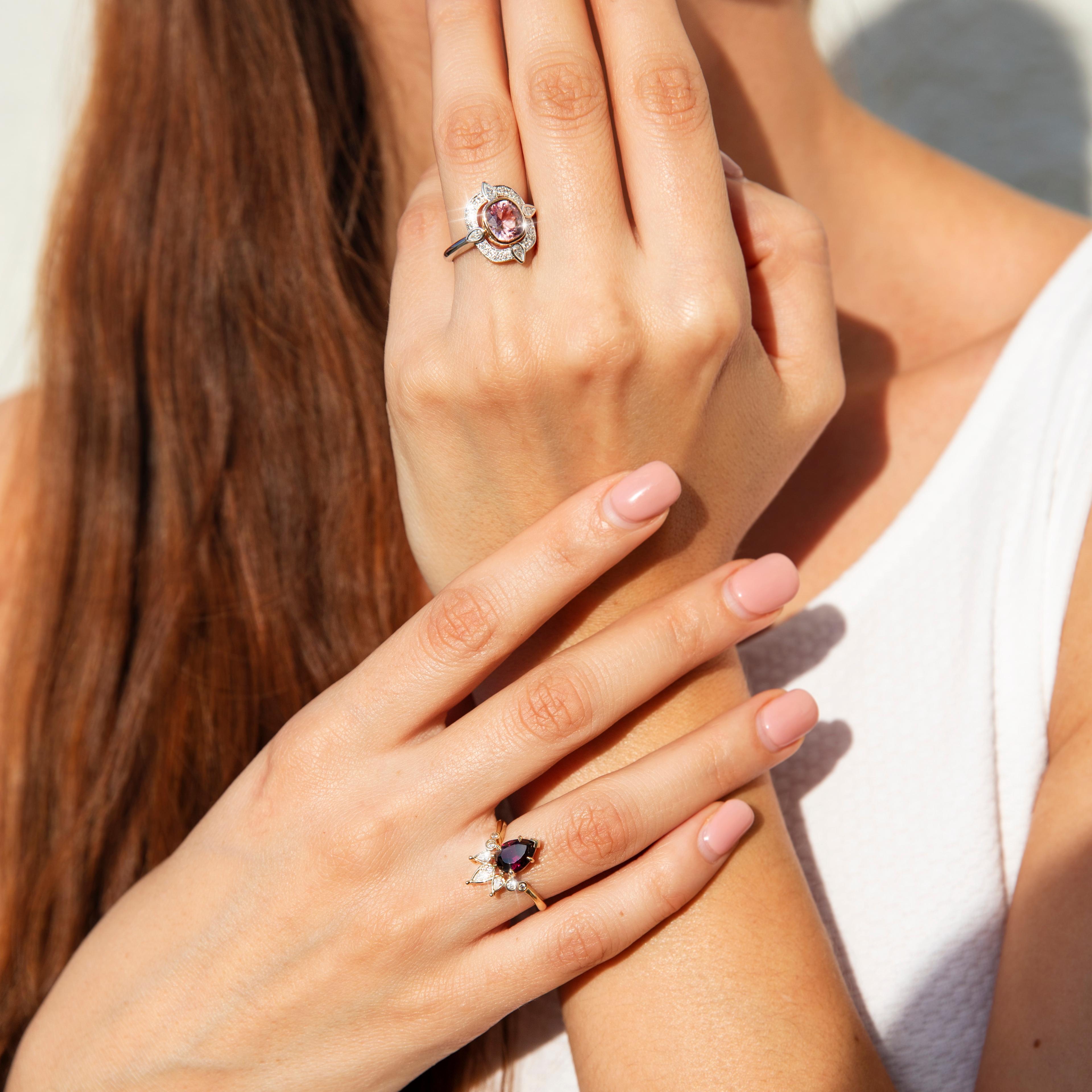 Women's Rhodolite Garnet and Diamond 18 Carat Gold Handmade Contemporary Tiara Ring For Sale