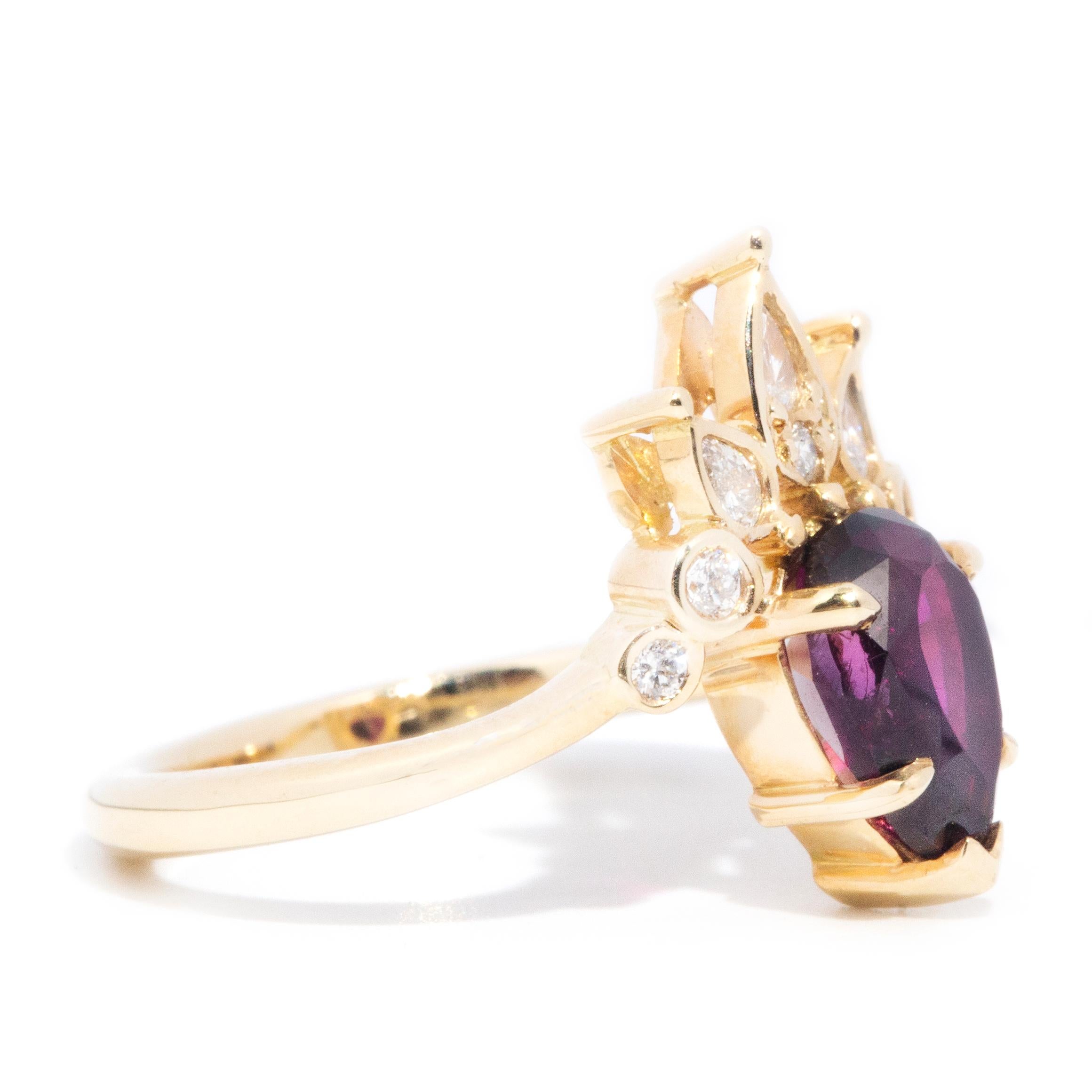 Rhodolite Garnet and Diamond 18 Carat Gold Handmade Contemporary Tiara Ring For Sale 2