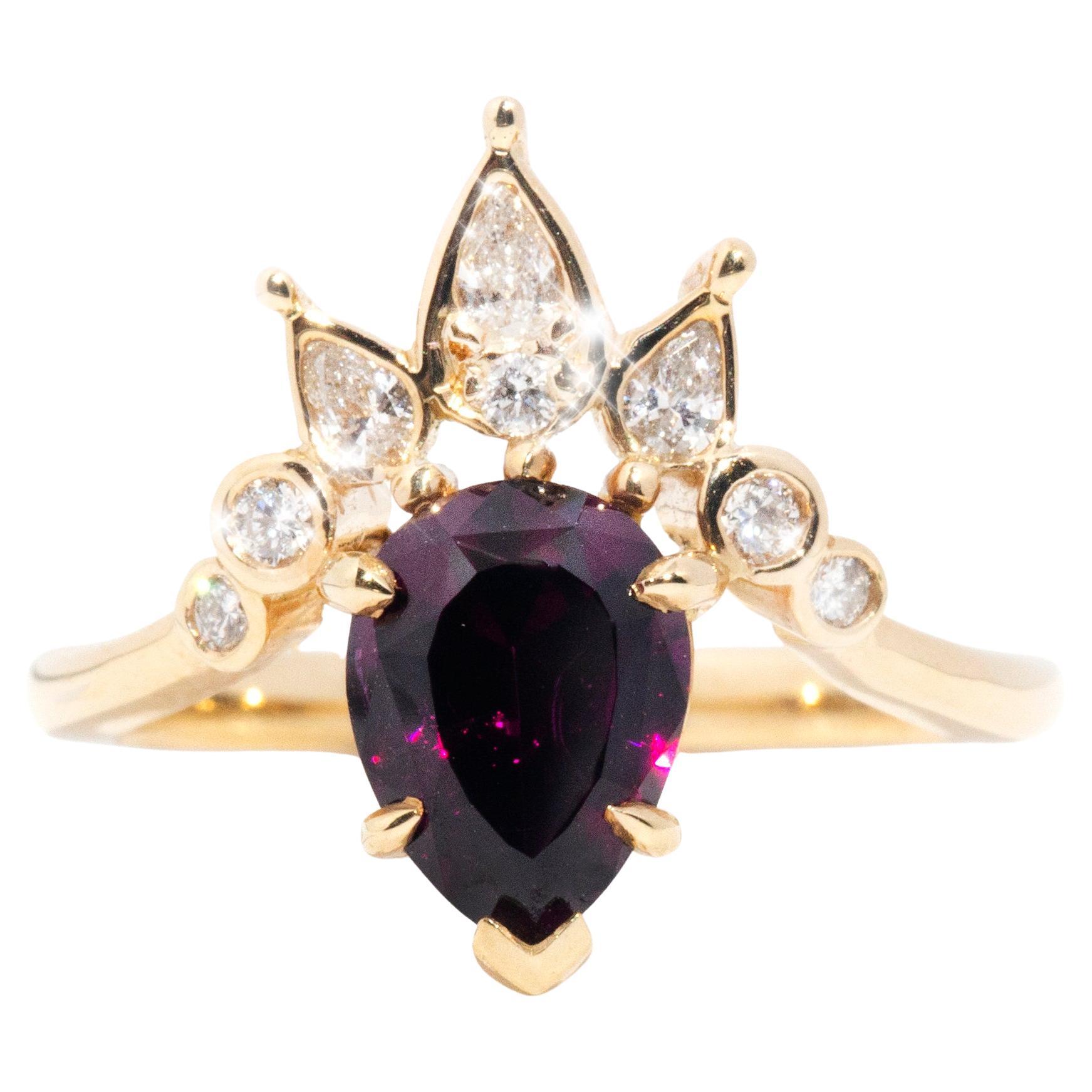 Rhodolite Garnet and Diamond 18 Carat Gold Handmade Contemporary Tiara Ring