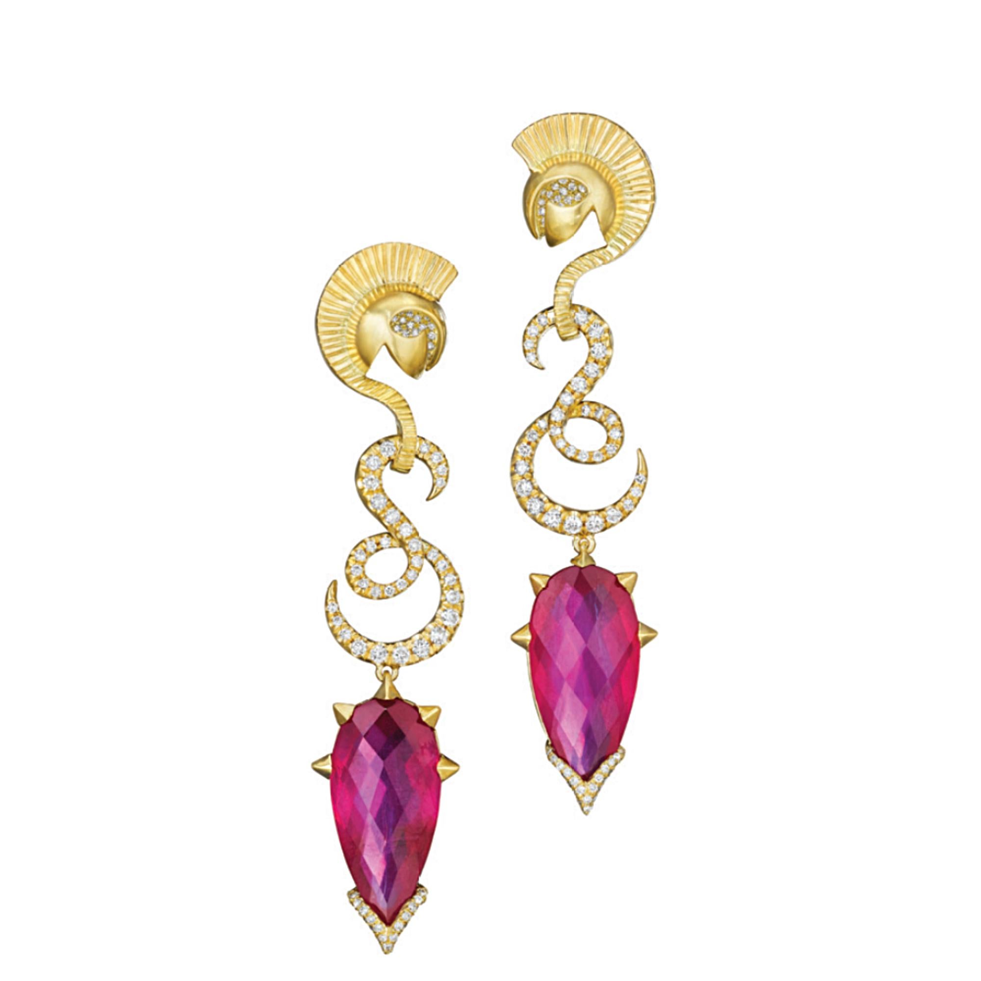 Specs:  18k yellow gold earrings with 19.75 carats of  Rhodolite garnet and .79 carats Diamond. 

Story:  These earrings replicate armor, protection as if going into battle. 

Ares is the god of war, one of the Twelve Olympian gods and the son of