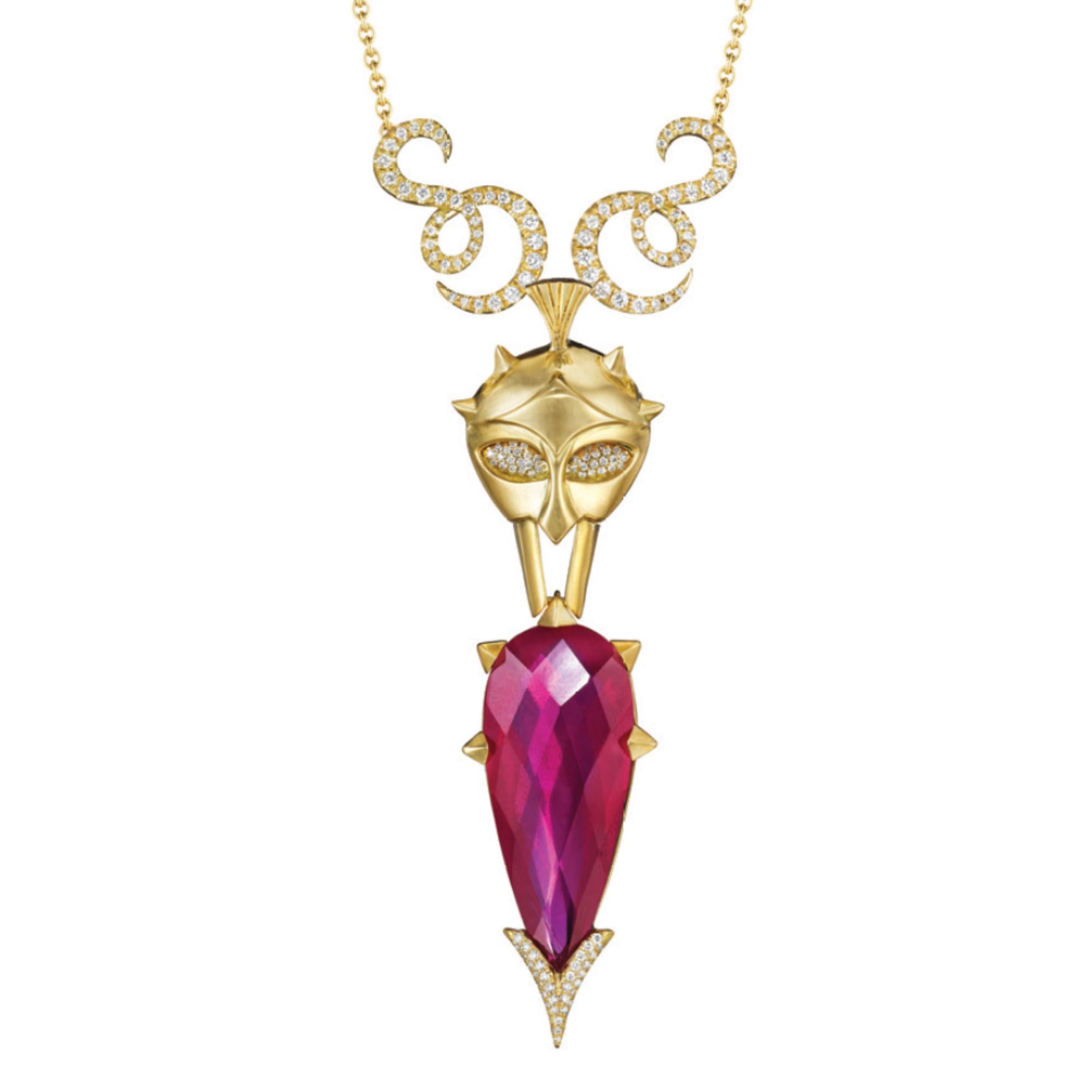 Specs: 18k yellow gold with 32.25 carats of Rhodolite Garnet and .77 carats of Diamond. 

Story: This necklace replicates armor, protection as if going into battle. 

Ares is the god of war, one of the Twelve Olympian gods and the son of Zeus and