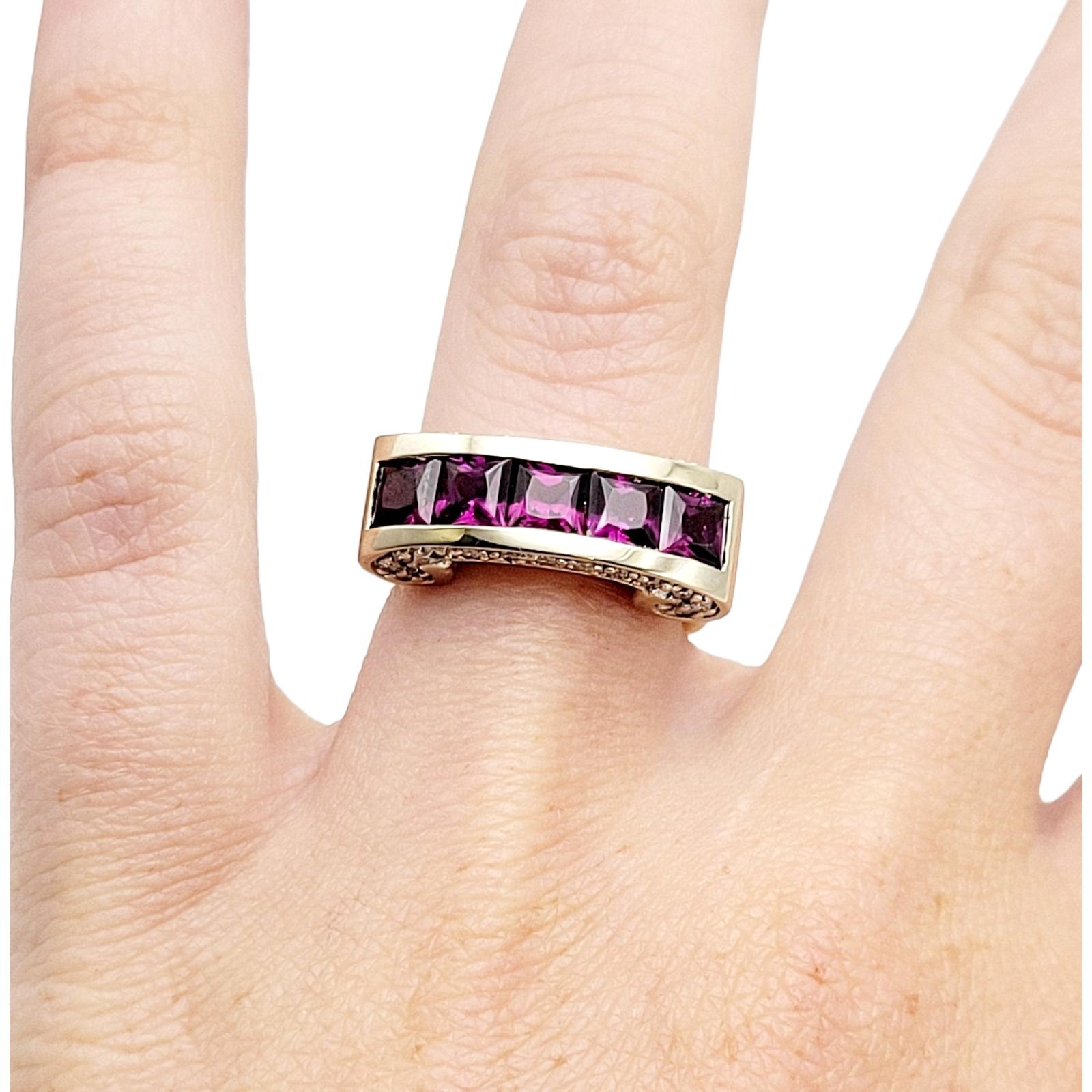 Rhodolite Garnet and Diamond Scroll Euro Shank Band Ring 14 Karat Yellow Gold  For Sale 8