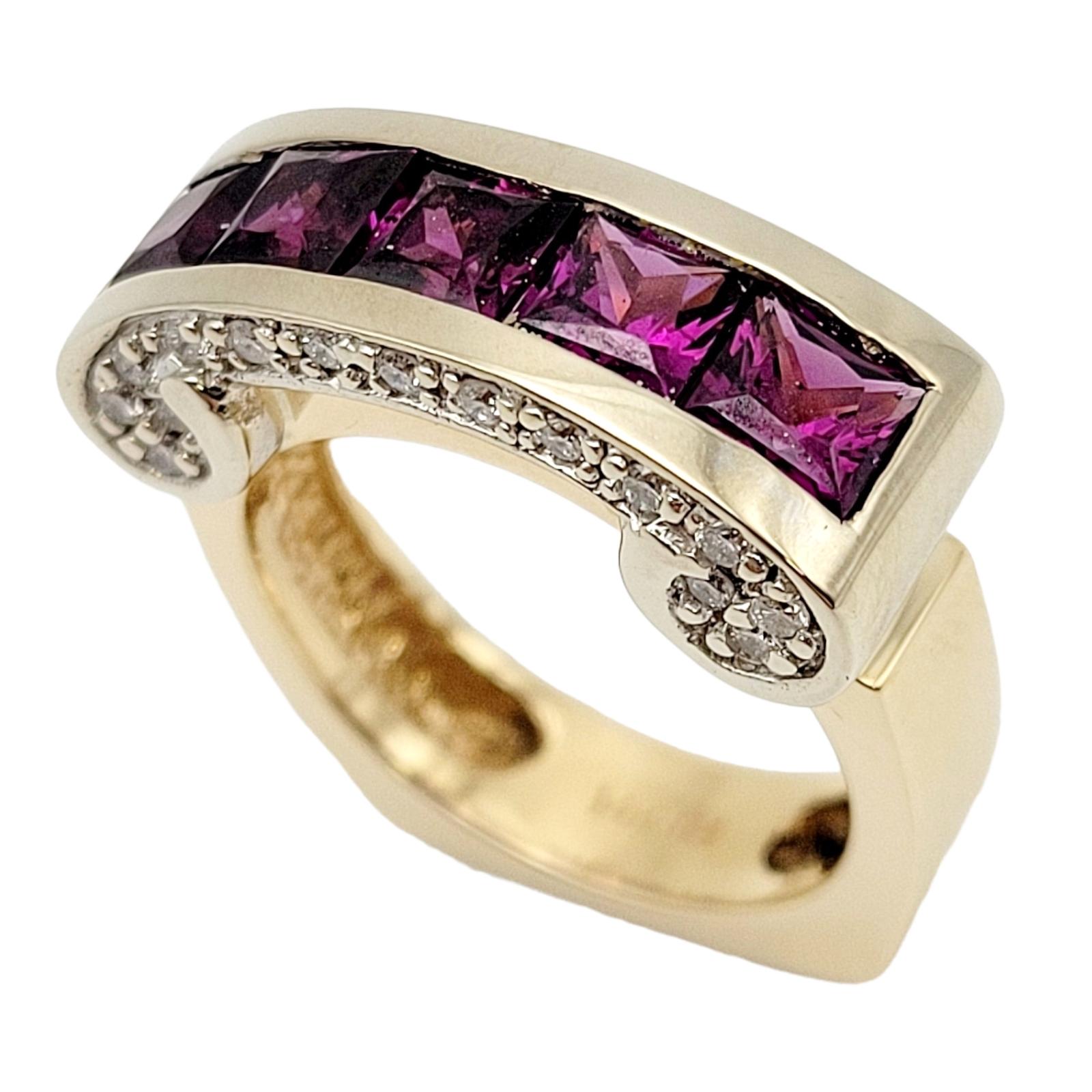 Princess Cut Rhodolite Garnet and Diamond Scroll Euro Shank Band Ring 14 Karat Yellow Gold  For Sale