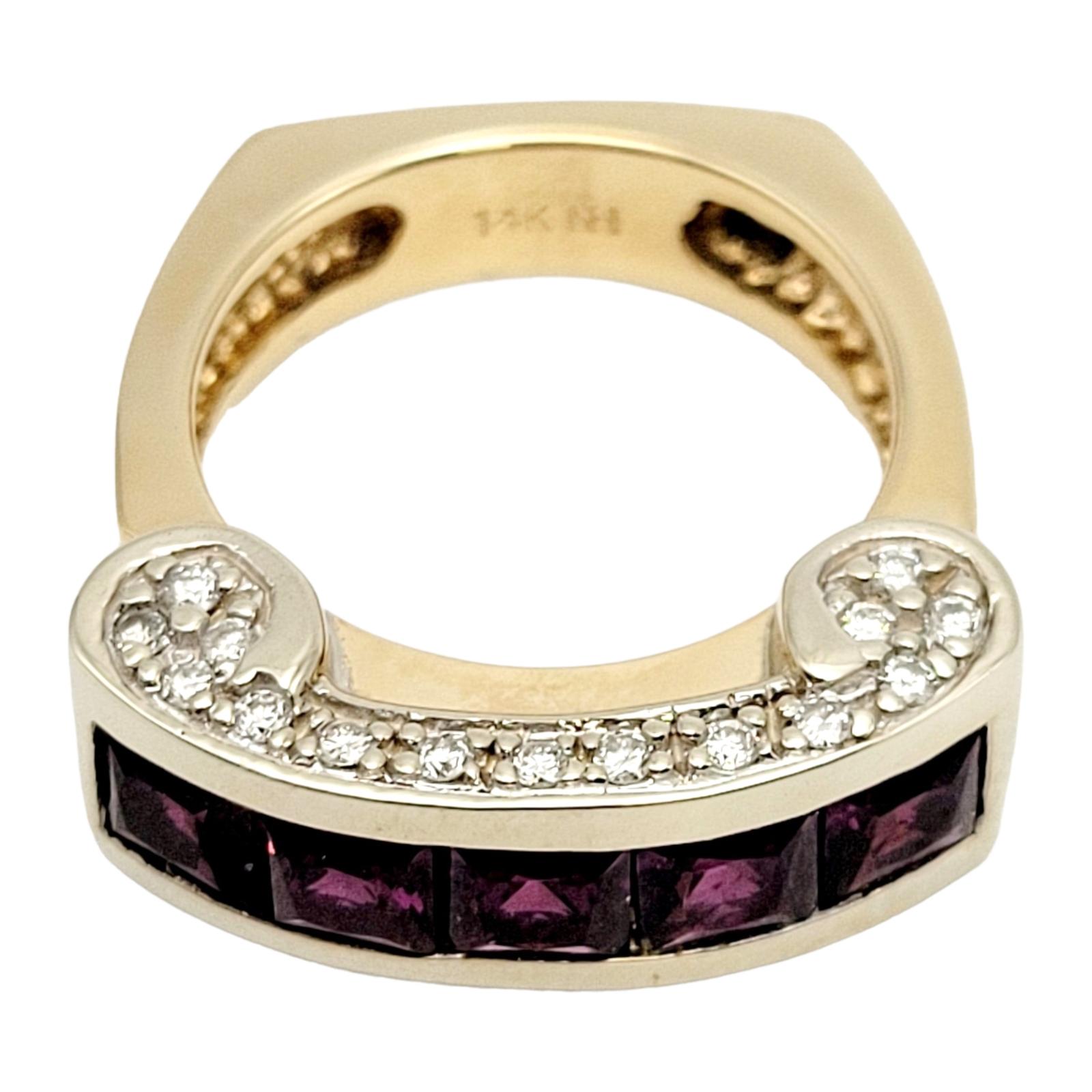 Rhodolite Garnet and Diamond Scroll Euro Shank Band Ring 14 Karat Yellow Gold  In Good Condition For Sale In Scottsdale, AZ