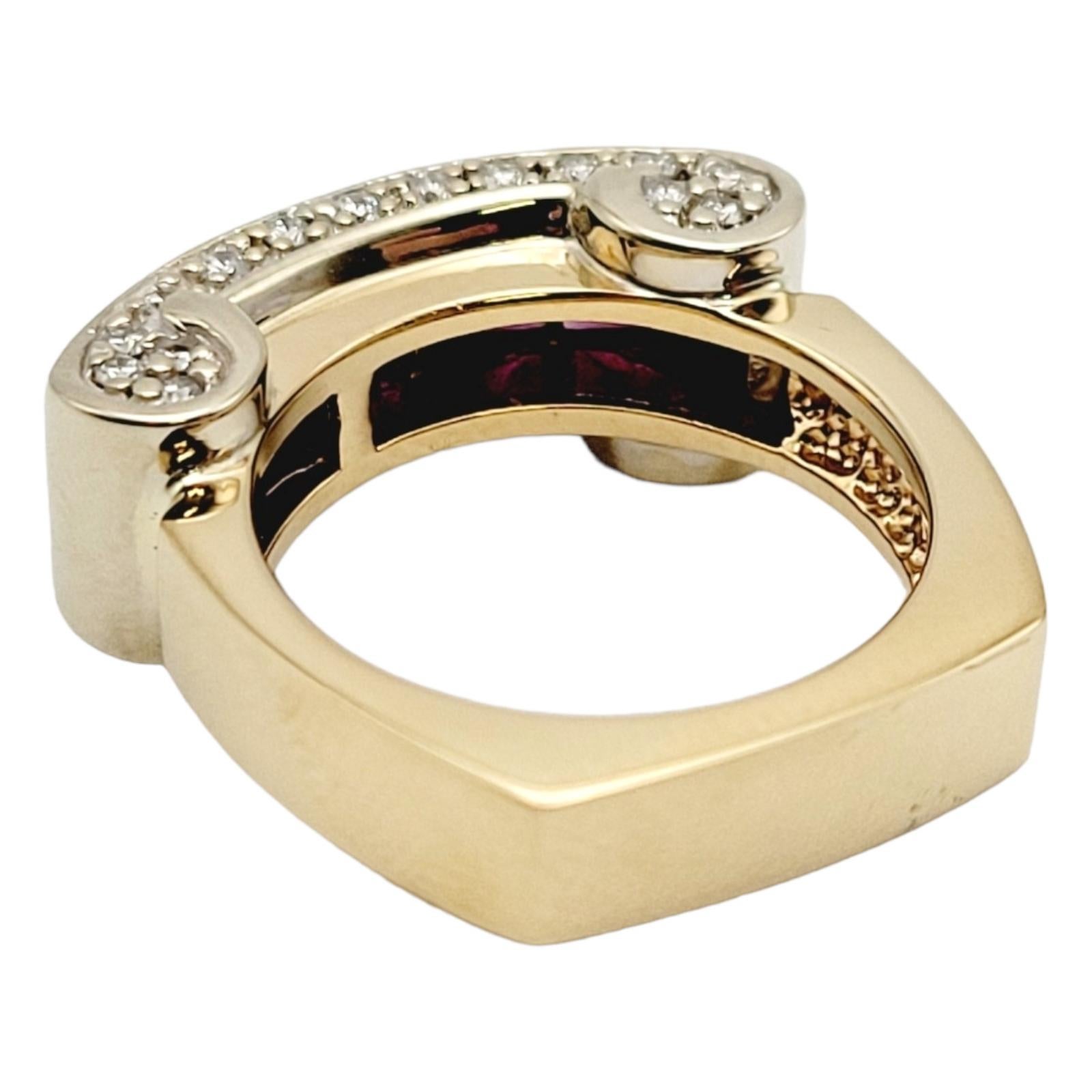 Women's or Men's Rhodolite Garnet and Diamond Scroll Euro Shank Band Ring 14 Karat Yellow Gold  For Sale