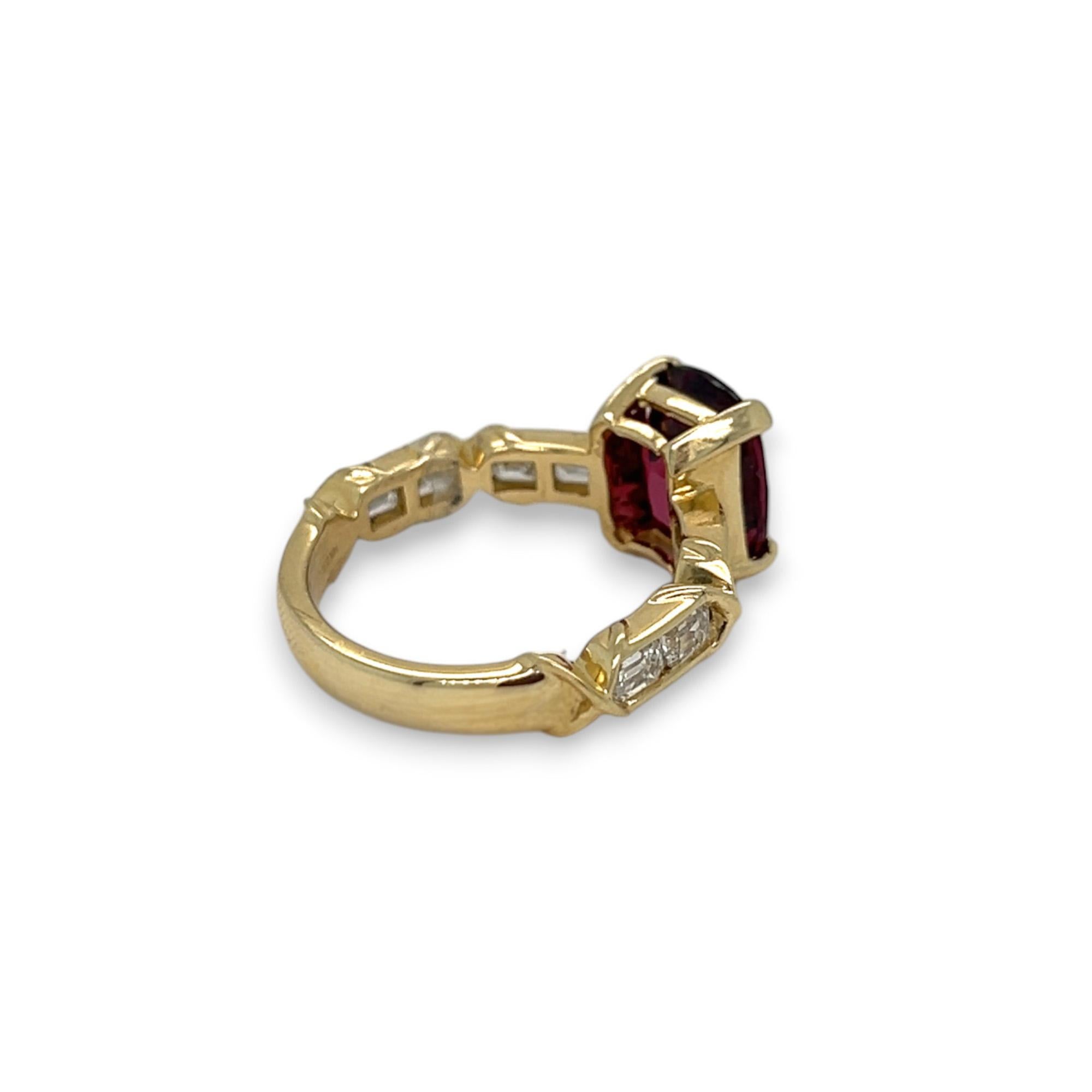 Cushion Cut Rhodolite and Diamond Yellow Gold Ring For Sale
