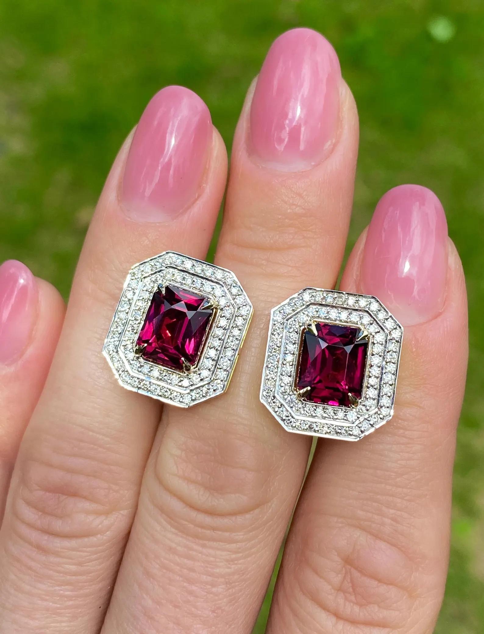 Taille octogone Boucles d'oreilles en or jaune 14 carats, grenat rhodolite et diamants naturels en vente