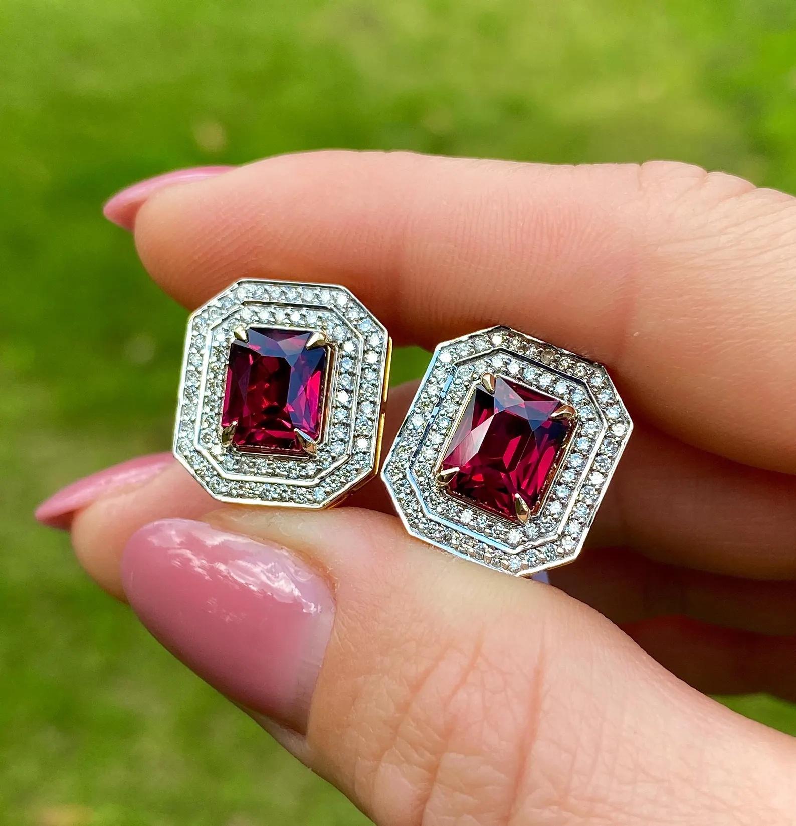 Boucles d'oreilles en or jaune 14 carats, grenat rhodolite et diamants naturels Neuf - En vente à Daugavpils, LV