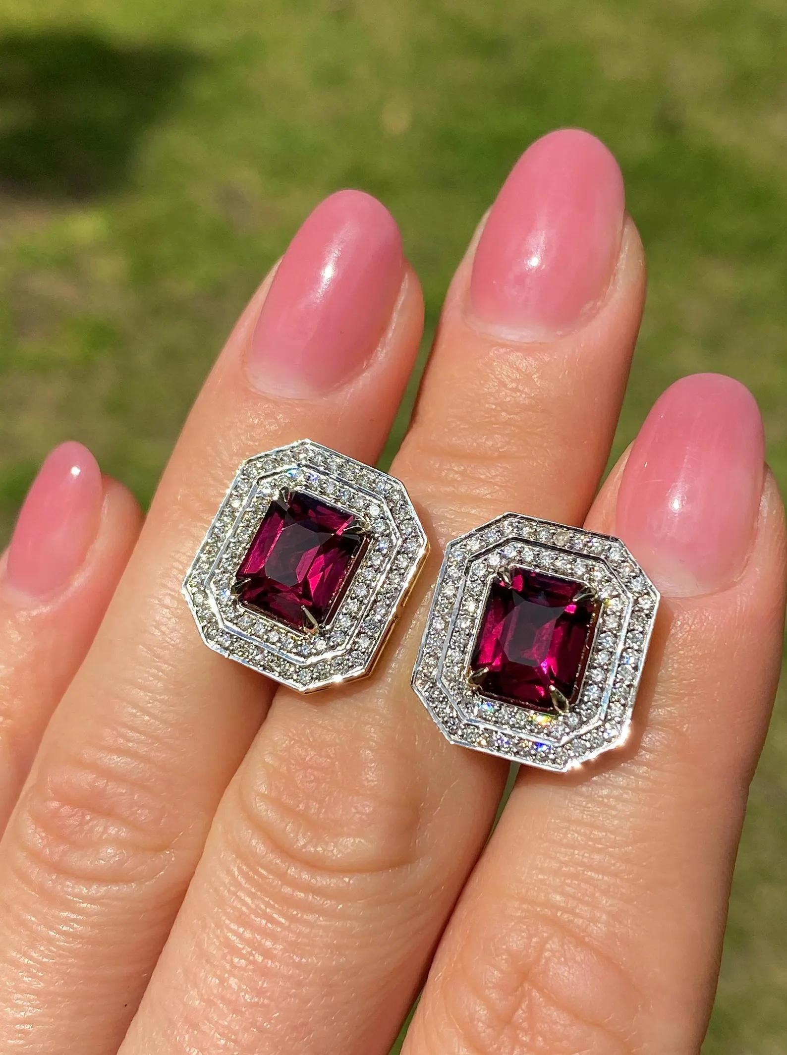 Boucles d'oreilles en or jaune 14 carats, grenat rhodolite et diamants naturels Pour femmes en vente