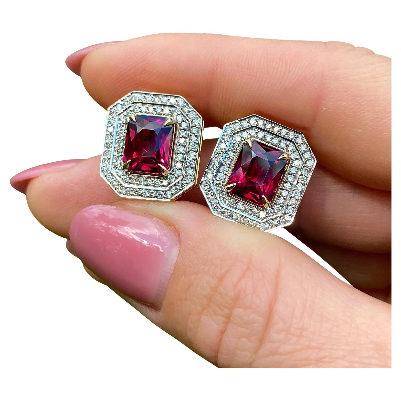Boucles d'oreilles en or jaune 14 carats, grenat rhodolite et diamants naturels en vente