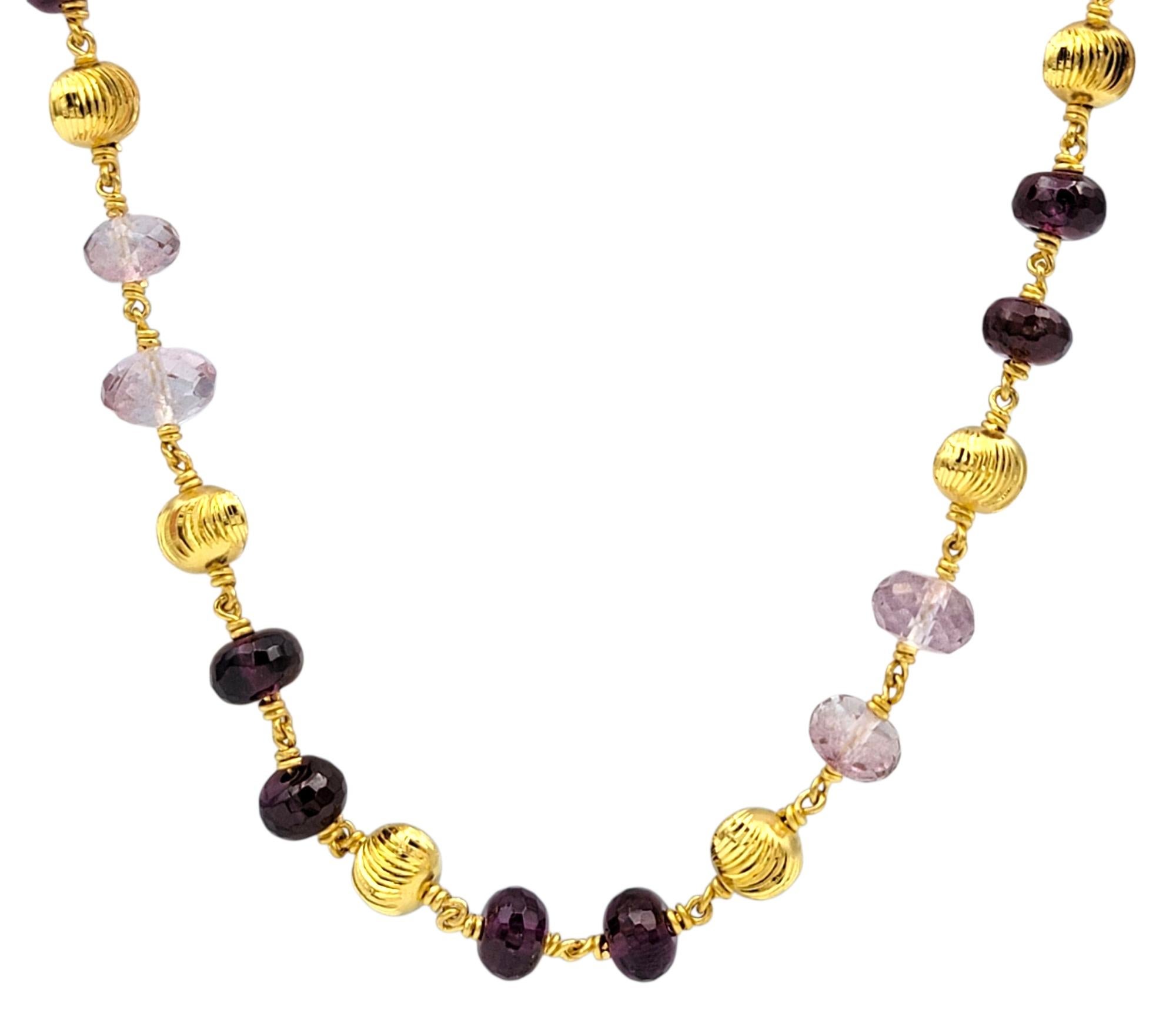 This elegant necklace is a vibrant arrangement of faceted rondelle  beads in richly hued garnet and soft pink topaz. The garnet beads exhibit a deeply saturated purplish-red tone, alternating with delicately coated pink topaz rondelles that add a