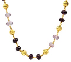 Rhodolite Garnet and Pink Topaz Beaded 30" Long Necklace in 18 Karat Yellow Gold