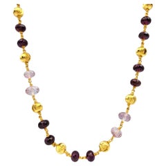 Rhodolite Garnet and Pink Topaz Beaded 30" Long Necklace in 18 Karat Yellow Gold