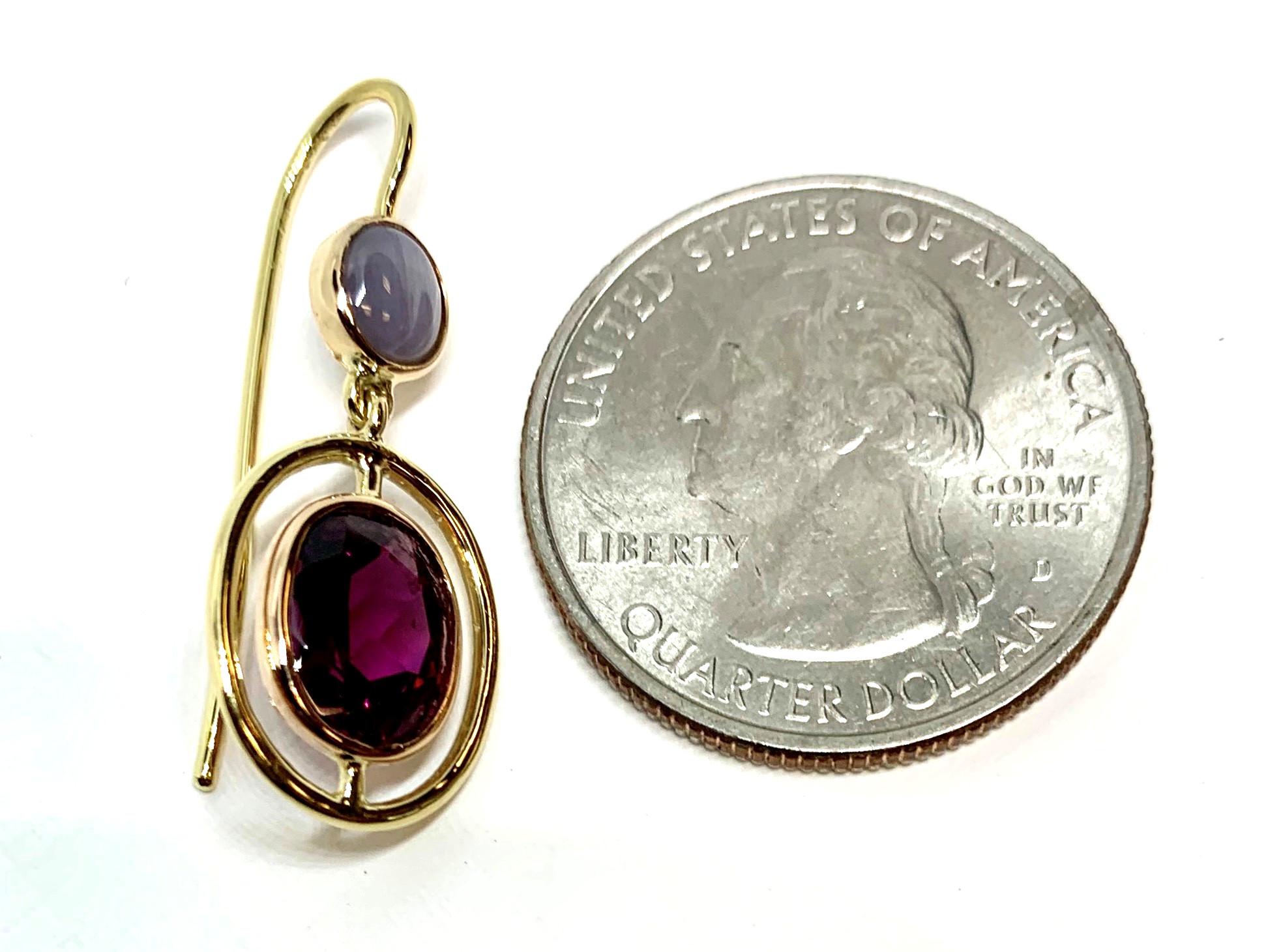 Women's Pink Garnet and Star Sapphire Drop Earrings in Yellow and Rose Gold   For Sale