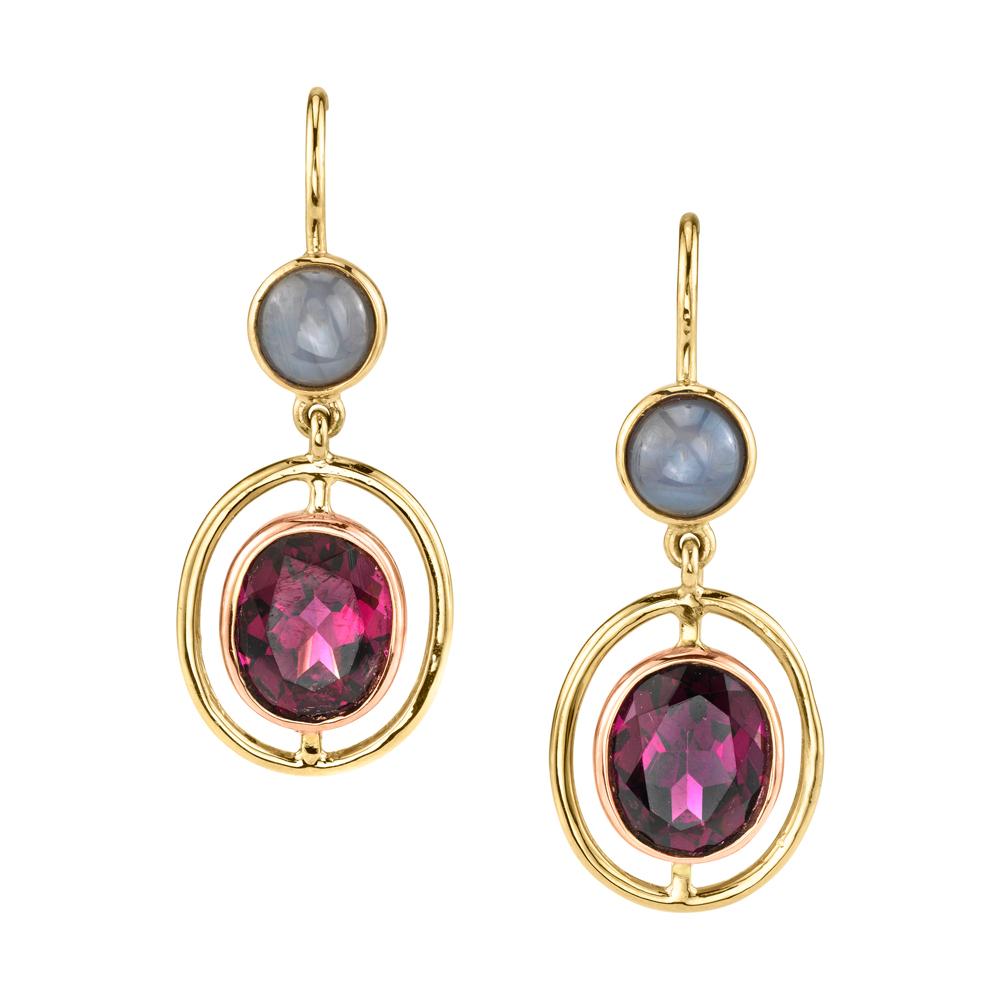 Pink Garnet and Star Sapphire Drop Earrings in Yellow and Rose Gold   For Sale