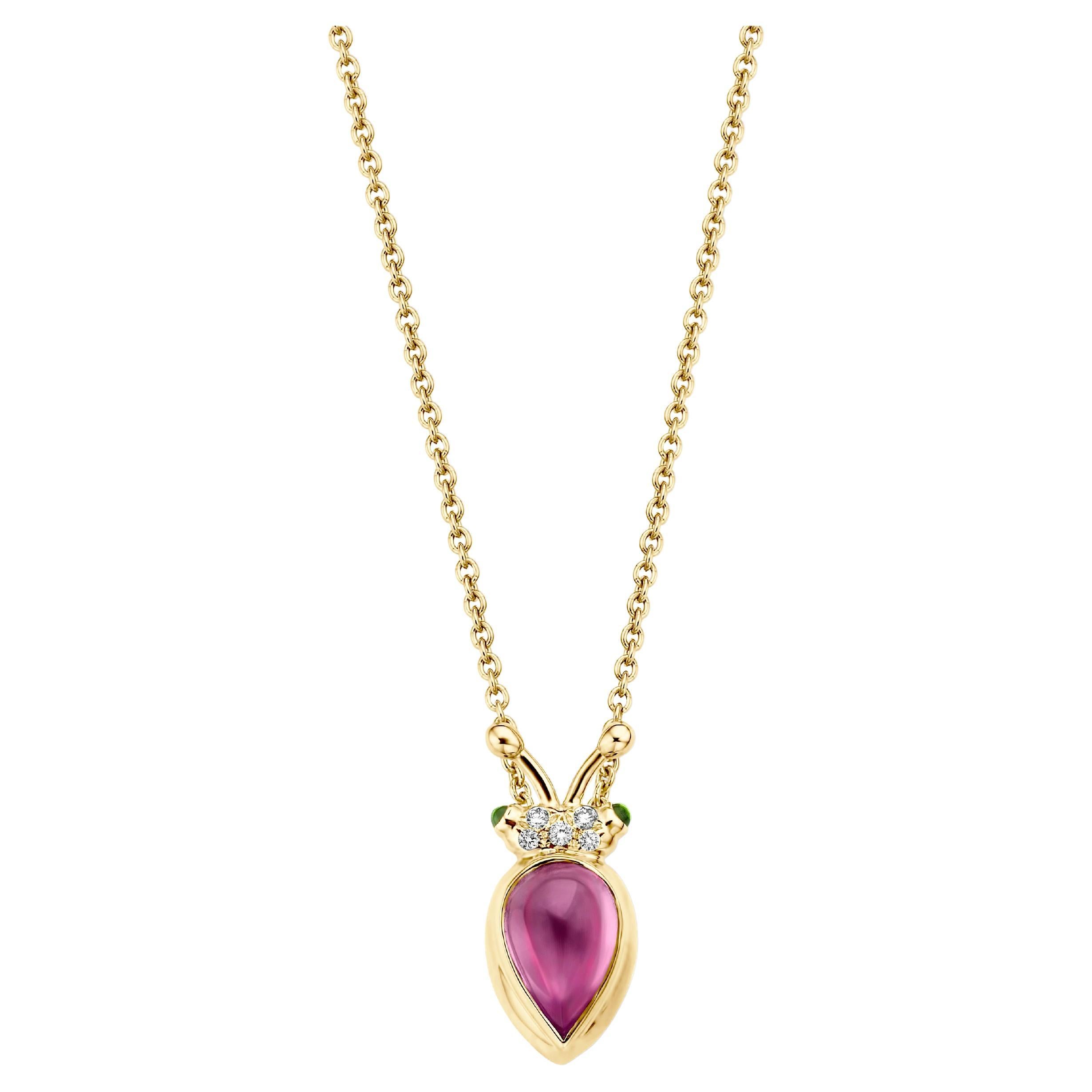 Collier pendentif en or jaune 18 carats avec grenat rhodolite et diamants en vente