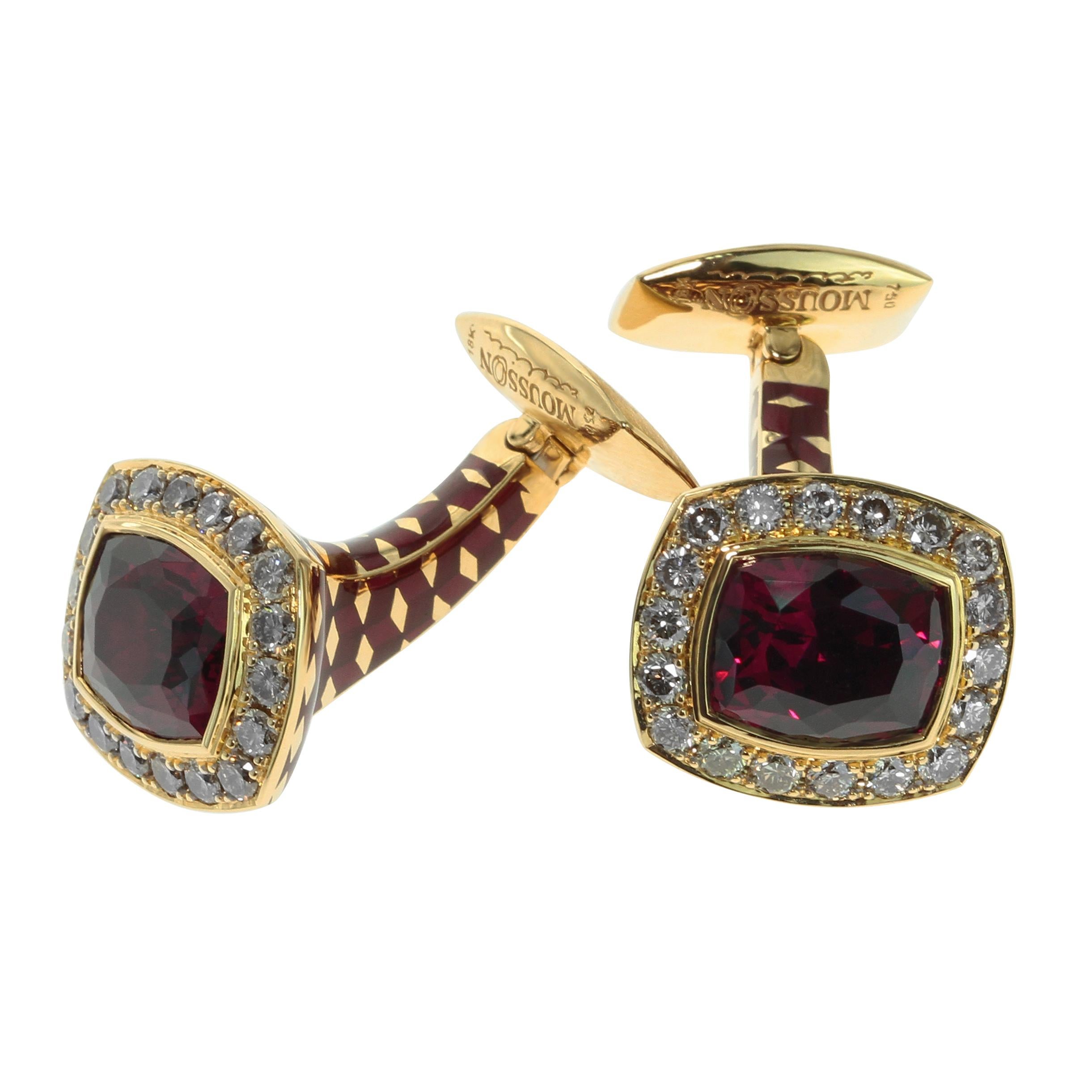 Boutons de manchette en or jaune 18 carats, grenats rhodolite, diamants bruns et émail pour hommes