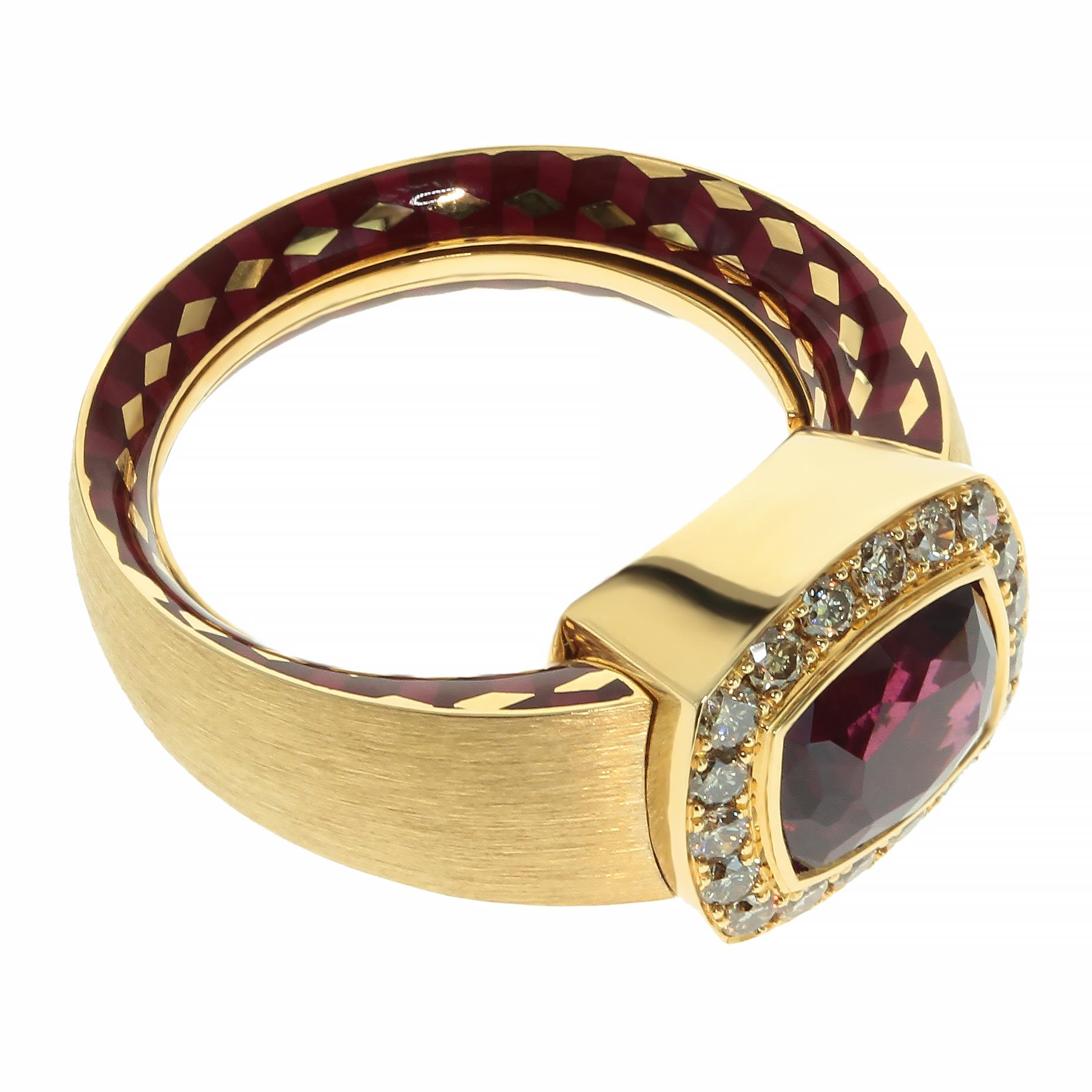 Rhodolite Garnet Diamonds 18 Karat Yellow Gold Male Enamel Ring

Our worldwide famous Kaleidoscope collection. Male version is out now.
For Men who are tired of boring ordinary things. Be different. Be brighter than others.
Accompanied by the