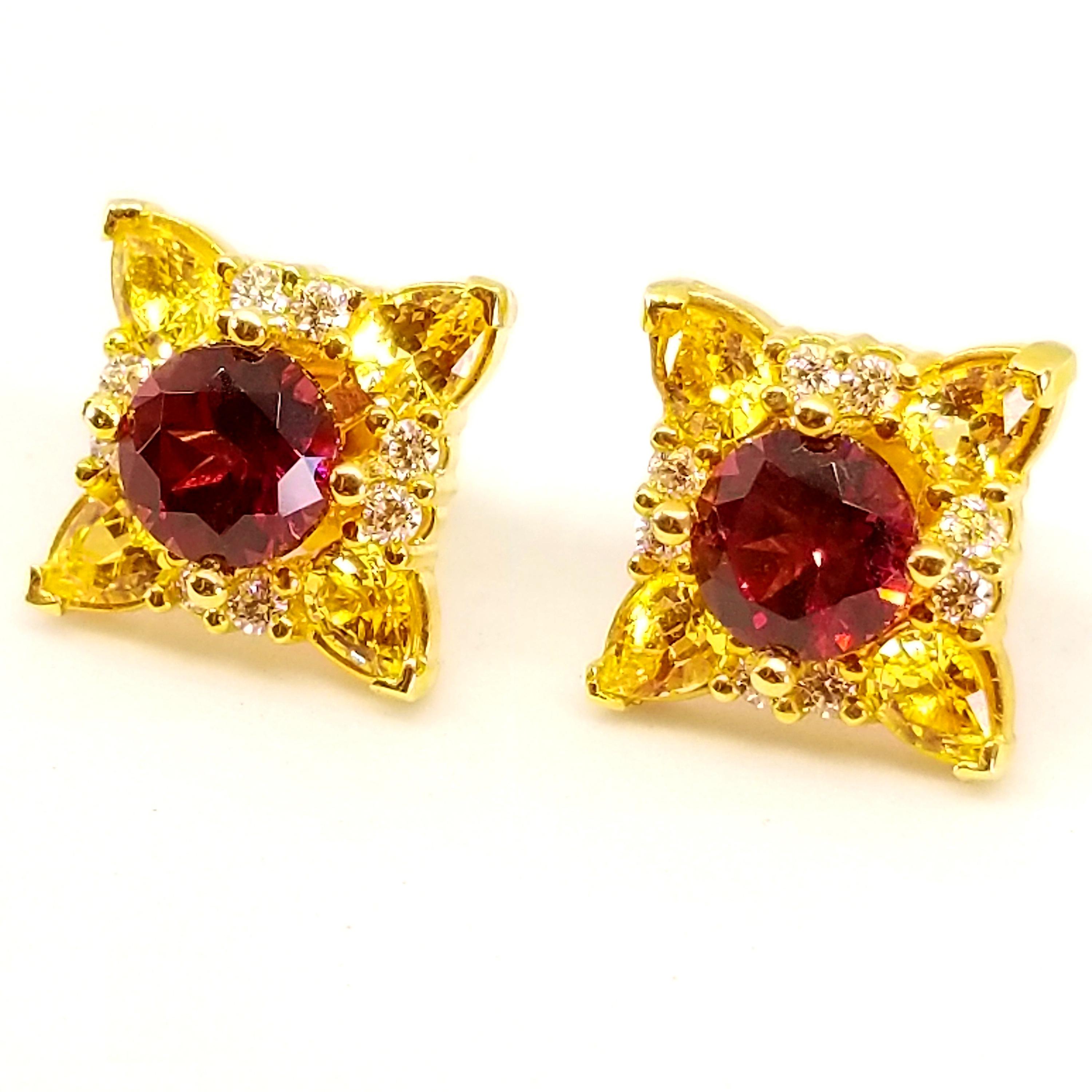 Rhodolite Garnet Canary Unheated Sapphire Diamond Floret Stud Earrings 18 Karat For Sale 5
