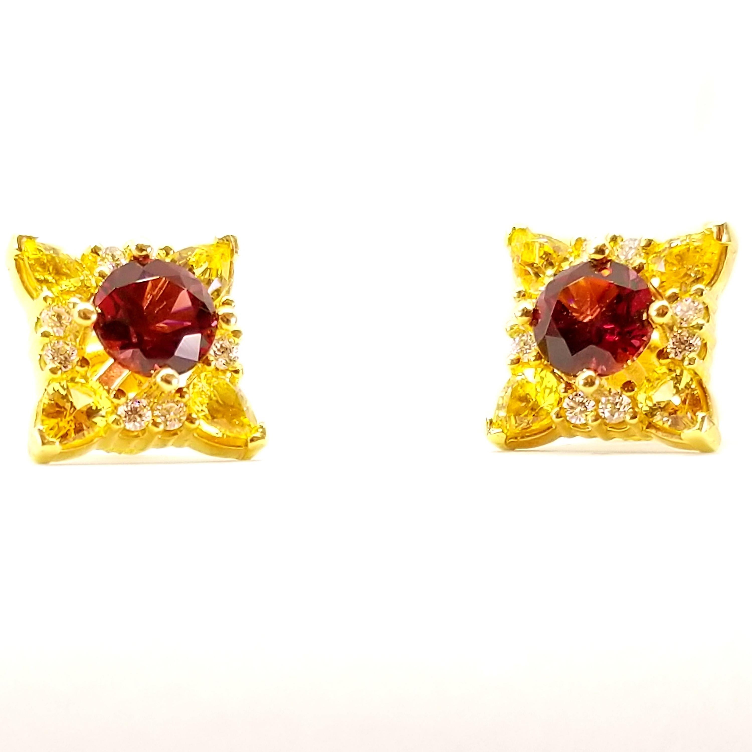 Rhodolite Garnet Canary Unheated Sapphire Diamond Floret Stud Earrings 18 Karat For Sale 7