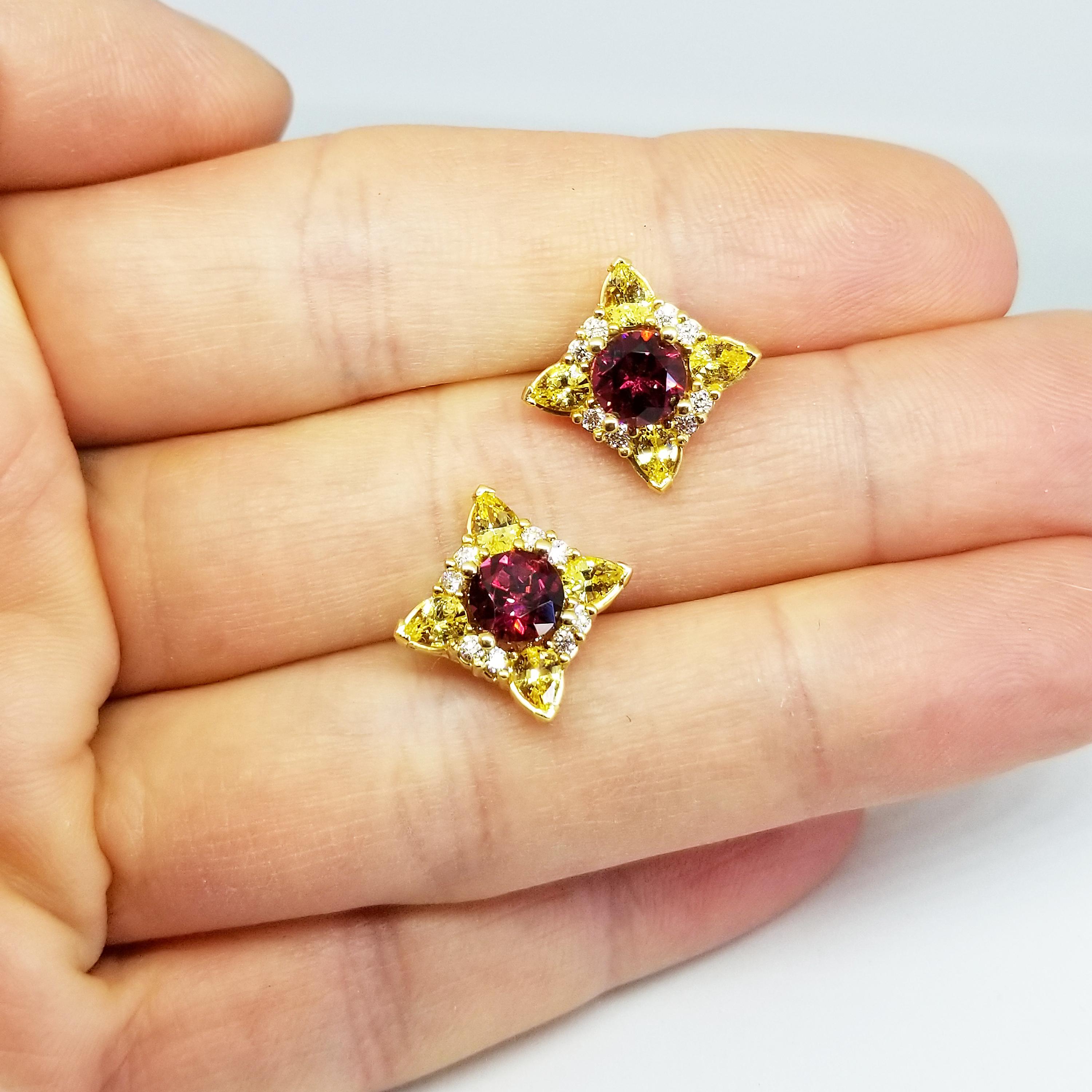 Rhodolite Garnet Canary Unheated Sapphire Diamond Floret Stud Earrings 18 Karat For Sale 10