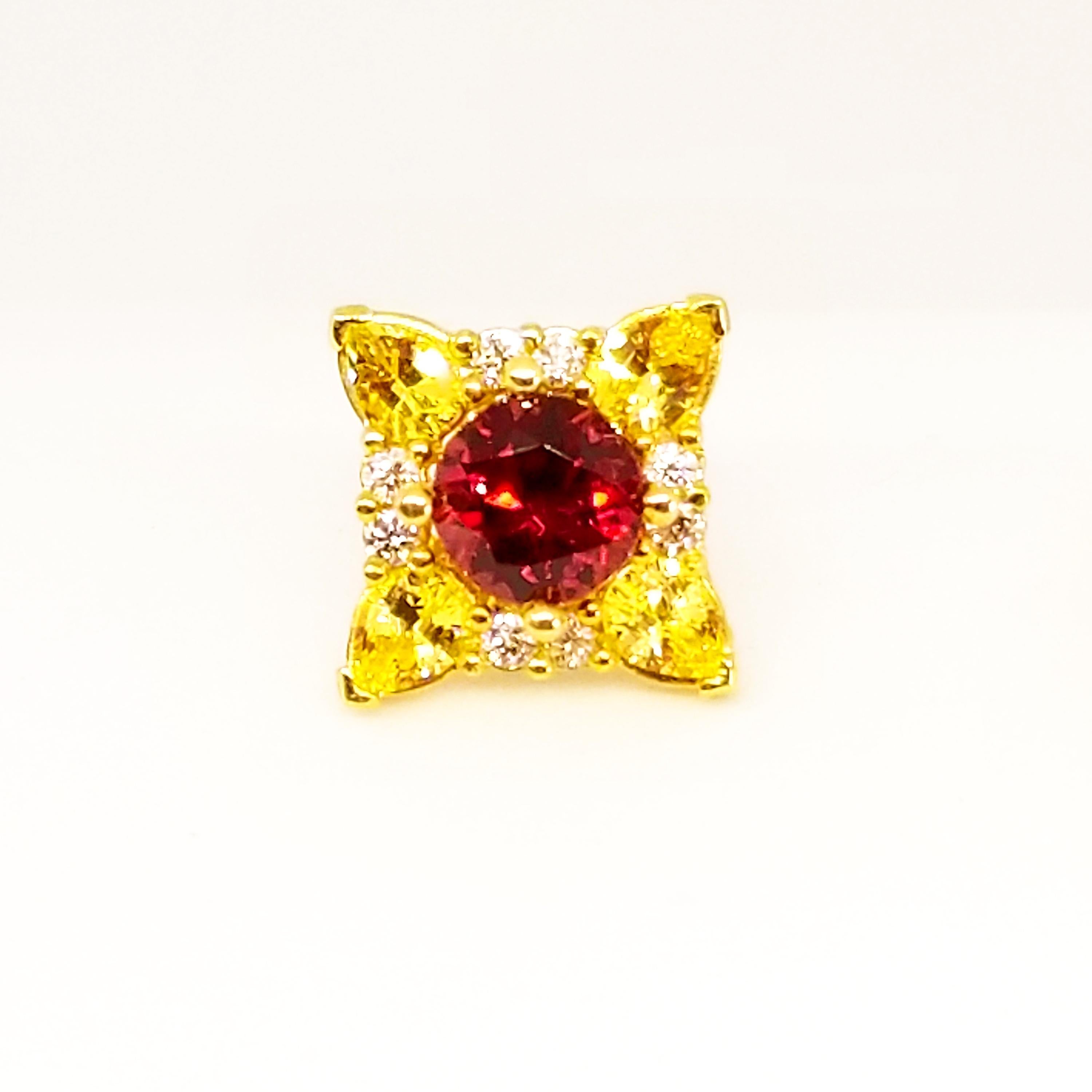 Rhodolite Garnet Canary Unheated Sapphire Diamond Floret Stud Earrings 18 Karat In New Condition For Sale In Lambertville , NJ