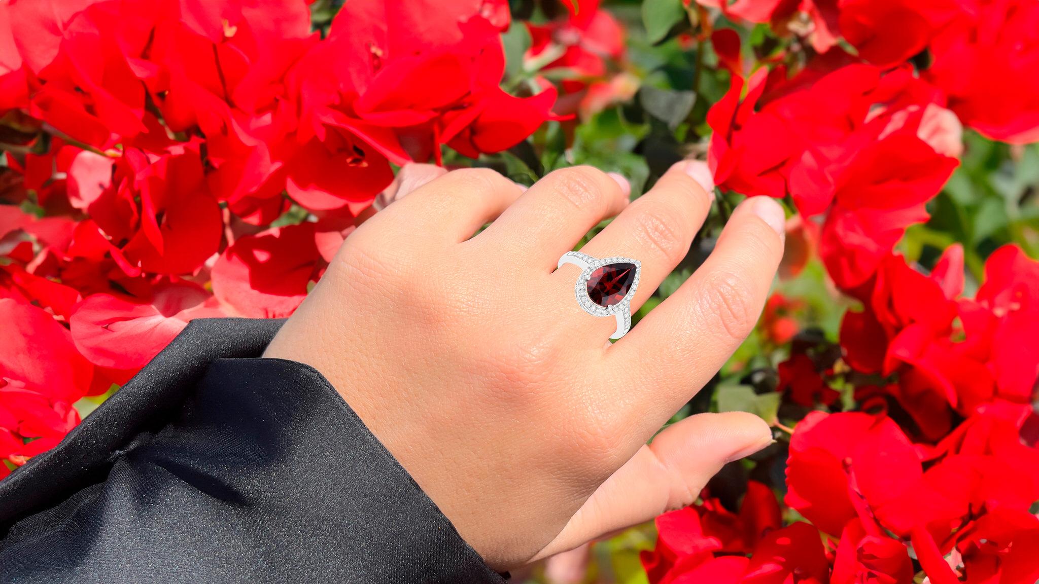 Pear Cut Rhodolite Garnet Cocktail Ring Diamond Setting 3.25 Carats 14K White Gold For Sale