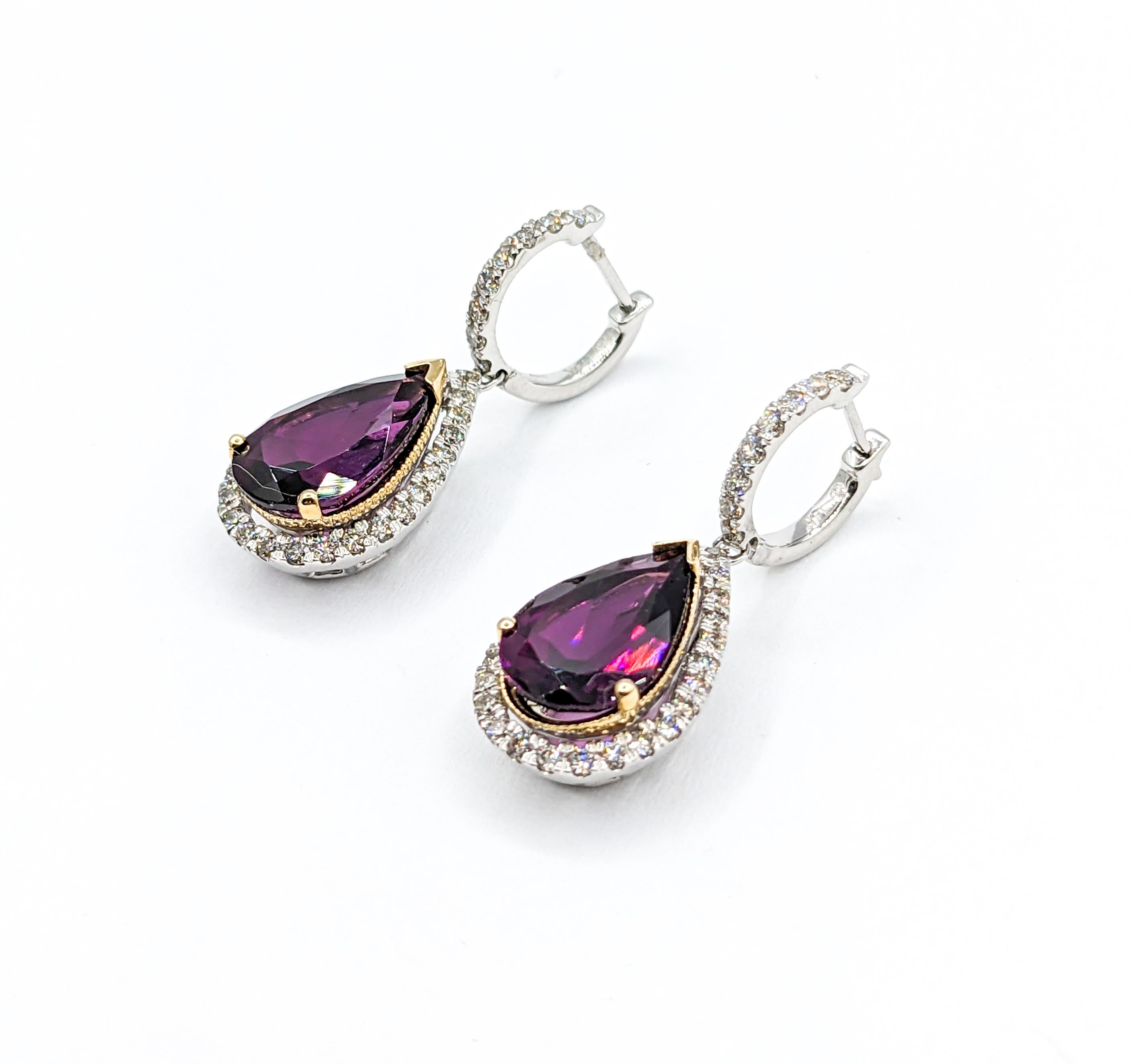 Rhodolite Garnet & Diamond Drop Earrings For Sale 3
