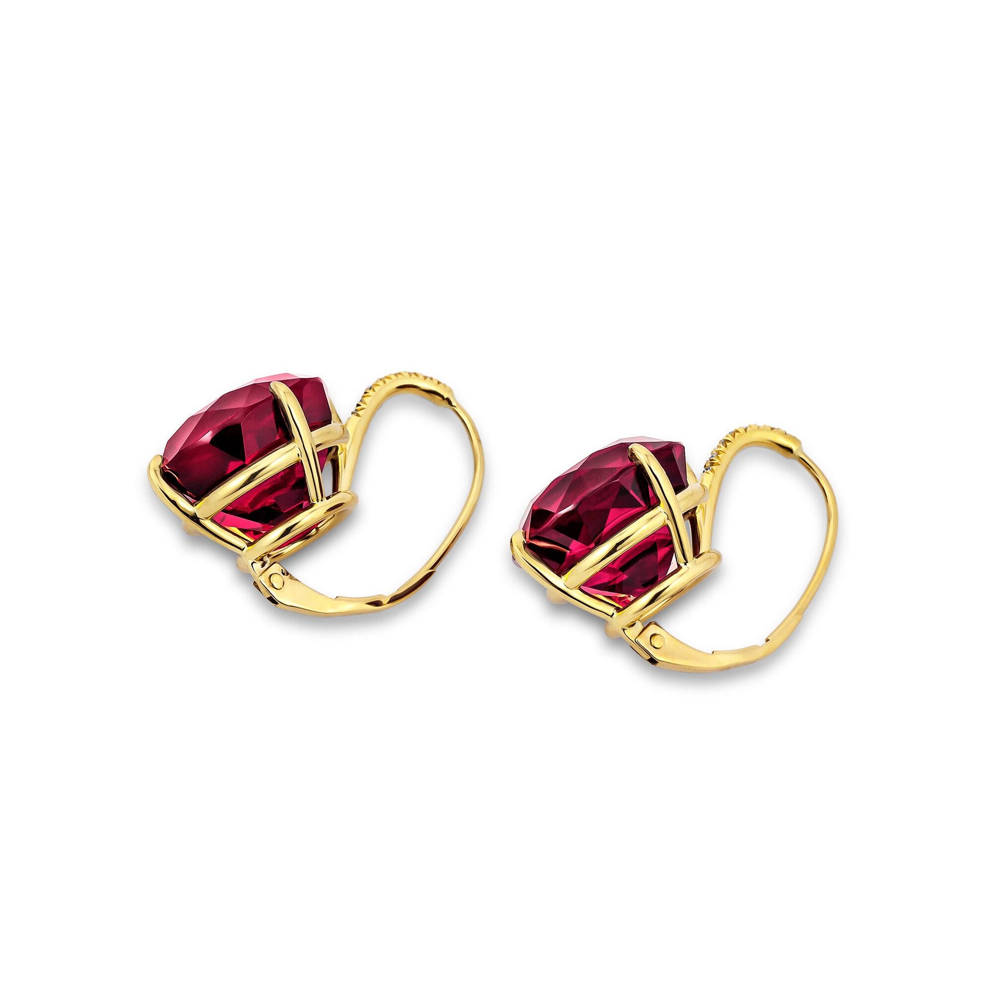 Modern Rhodolite Garnet Diamond Gold Drop Earrings