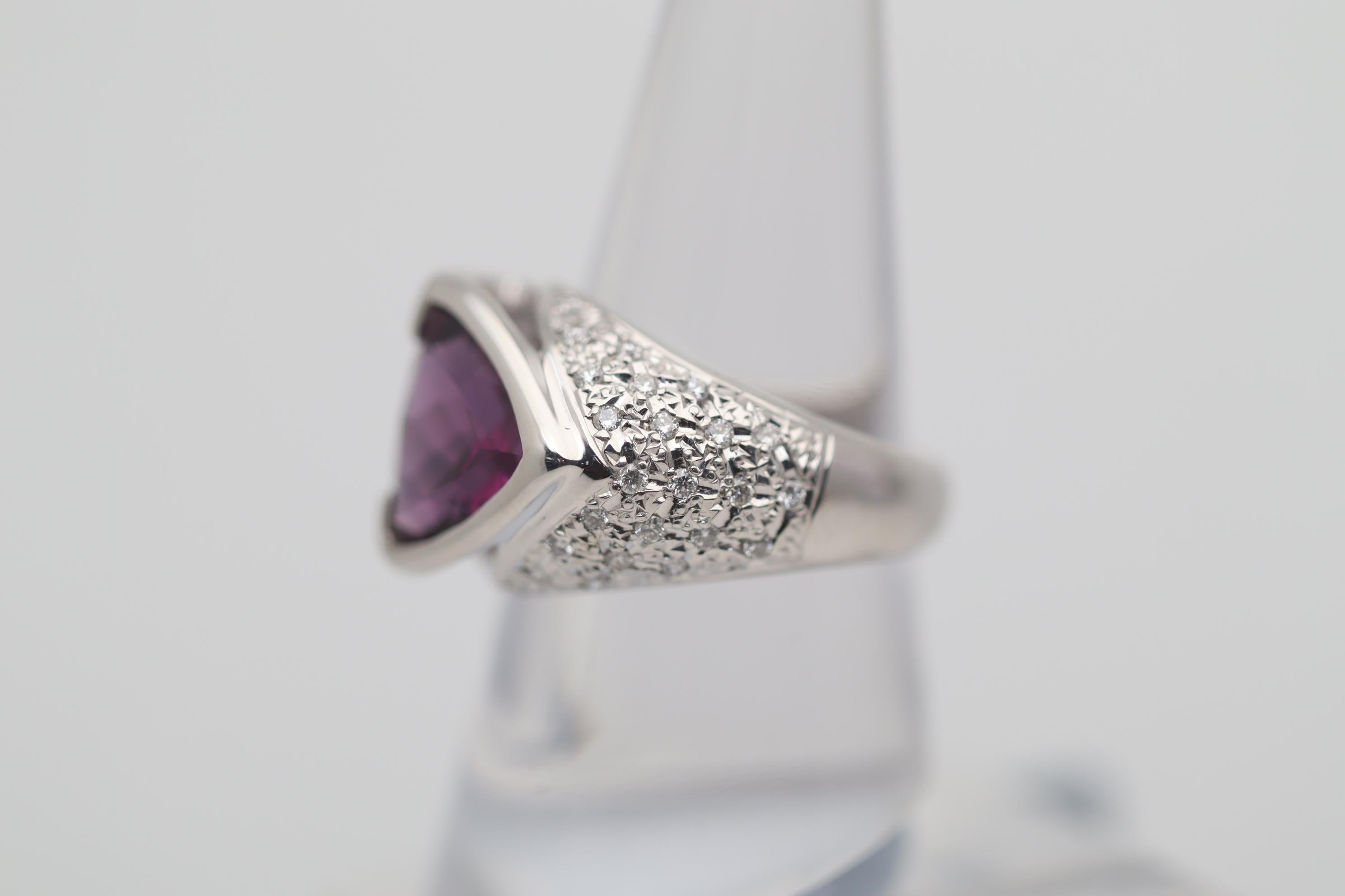 Brilliant Cut Rhodolite Garnet Diamond Platinum Ring For Sale