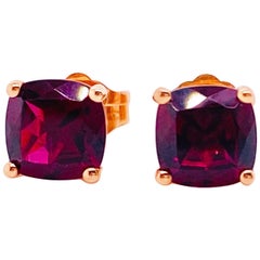 Rhodolite Garnet Earrings, 14 Karat Gold Cushion Rhodolite Earrings, 2.16 Carat