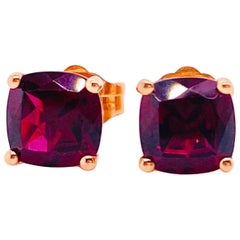 Rhodolite Garnet Earrings, 14 Karat Gold Cushion Rhodolite Earrings, 2.16 Carat