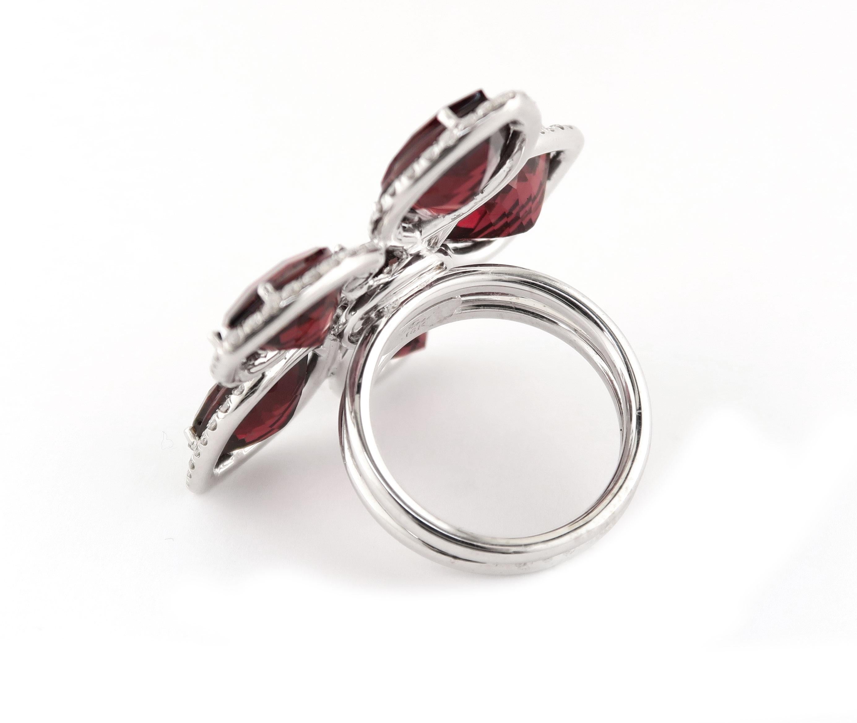 Romantic Rhodolite Garnet Flower Petal Ring Adorned with Brilliant Diamonds Set in 18KW For Sale