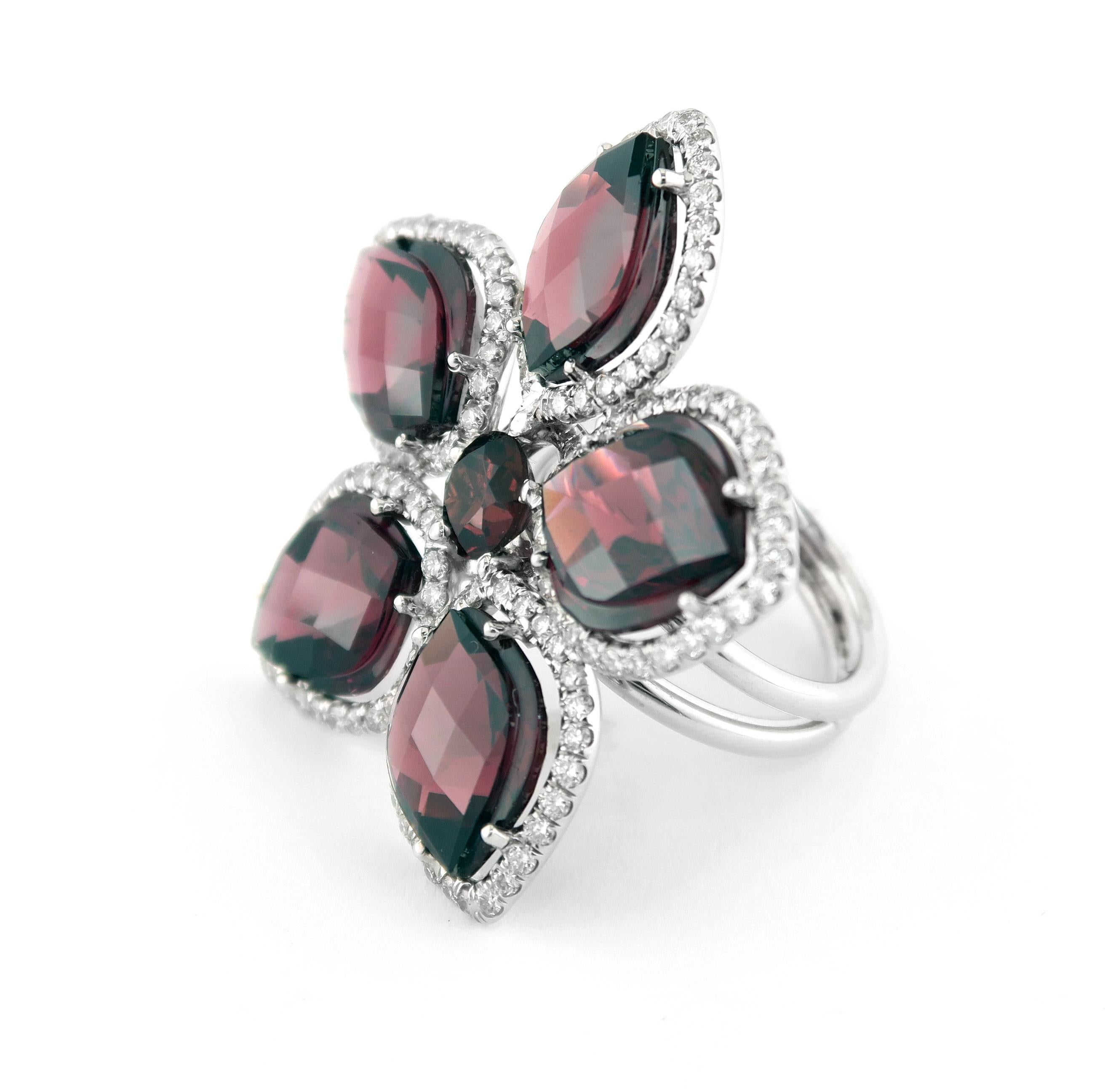 Mixed Cut Rhodolite Garnet Flower Petal Ring Adorned with Brilliant Diamonds Set in 18KW For Sale