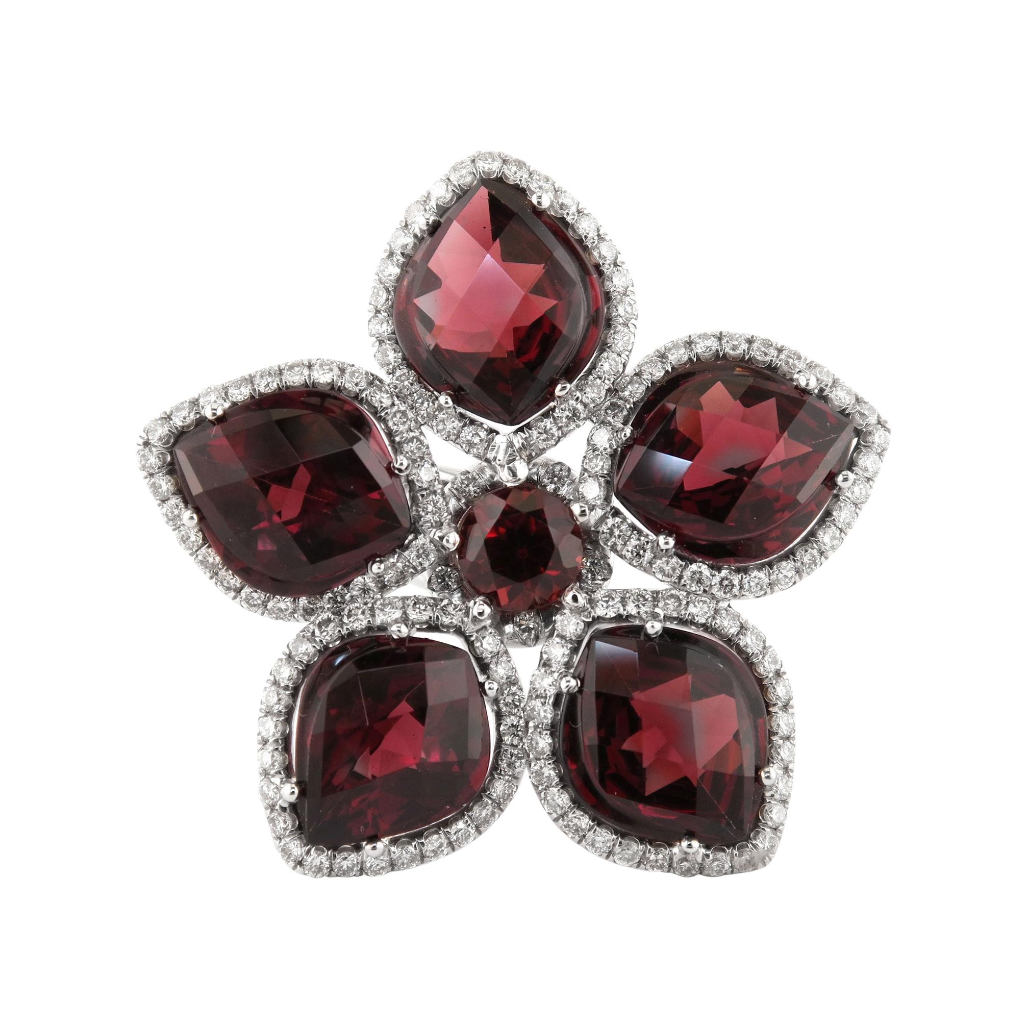 Rhodolite Garnet Flower Petal Ring Adorned with Brilliant Diamonds Set in 18KW For Sale