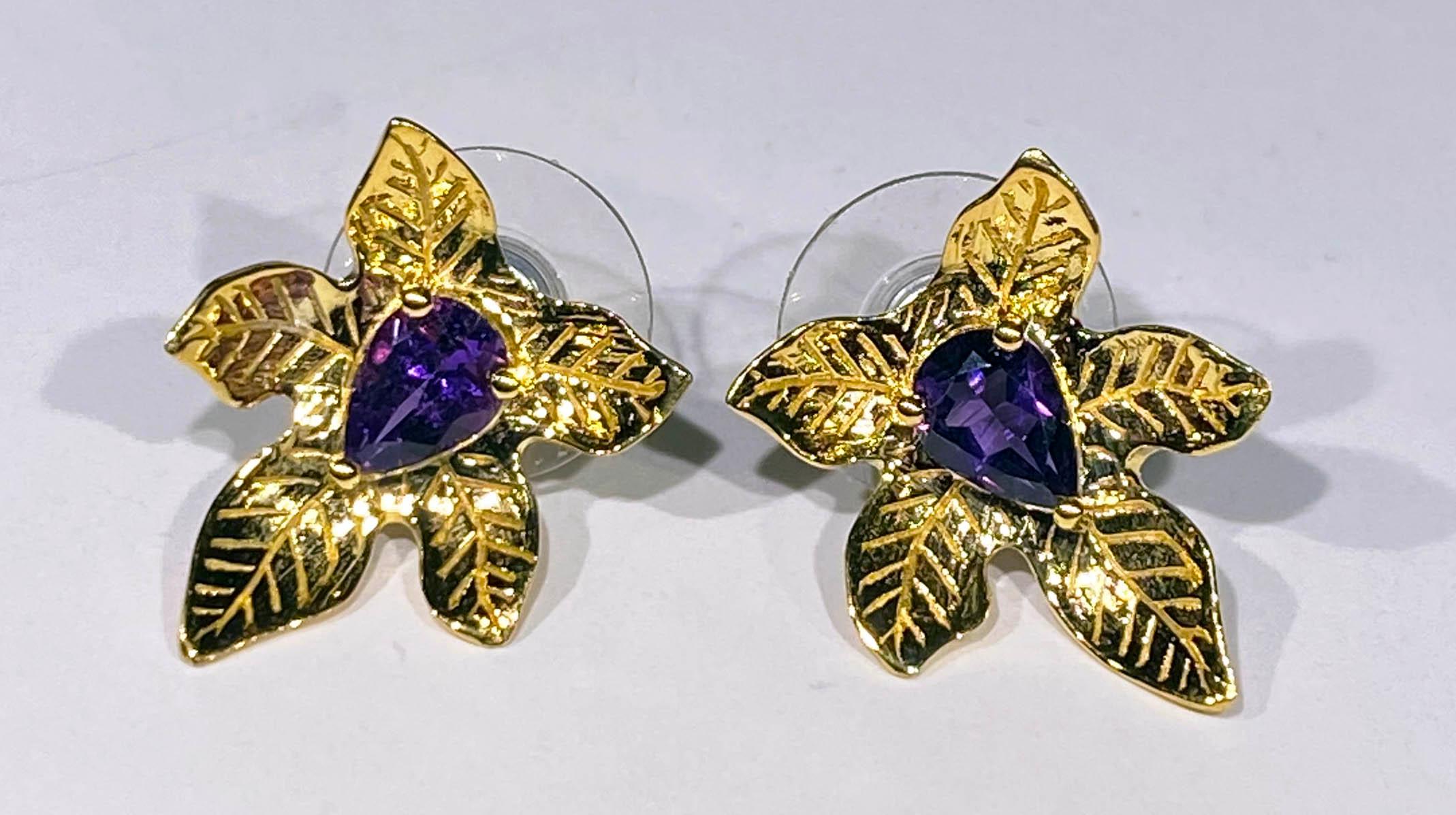 Amethyst Stud Gold Plated Silver Leaf Earrings  For Sale 3