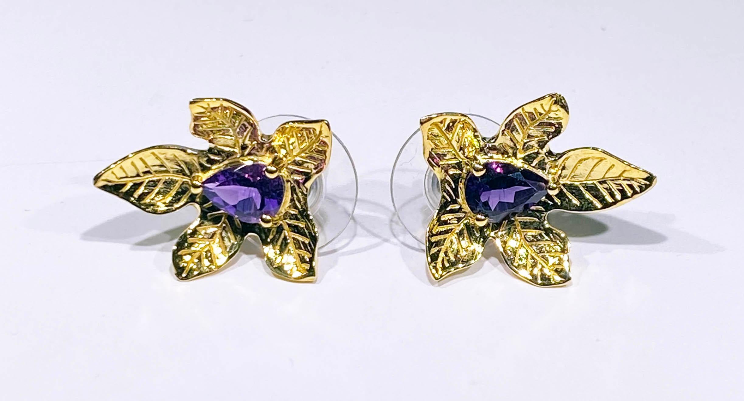 Amethyst Stud Gold Plated Silver Leaf Earrings  For Sale 6