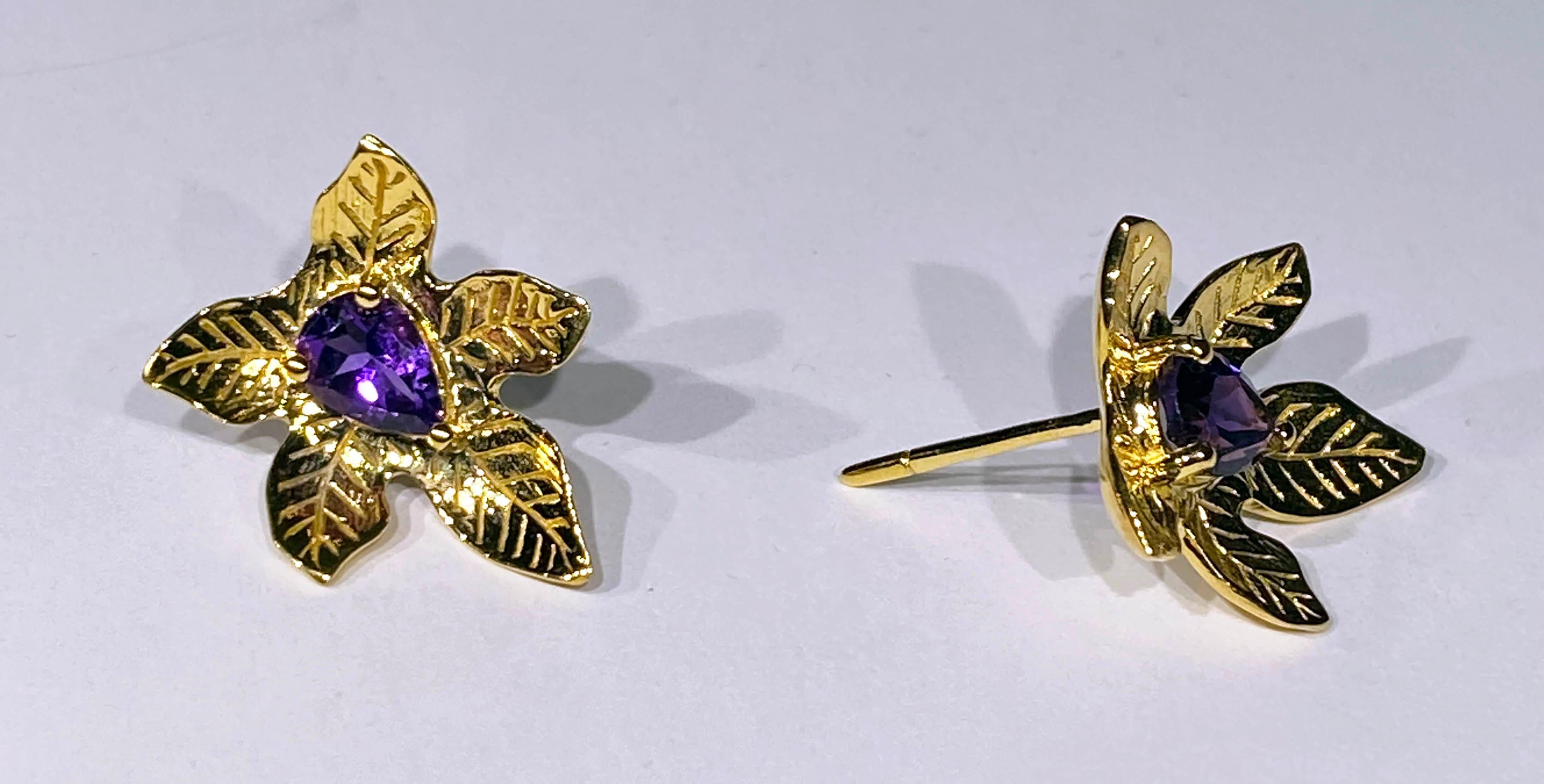 Contemporary Amethyst Stud Gold Plated Silver Leaf Earrings  For Sale