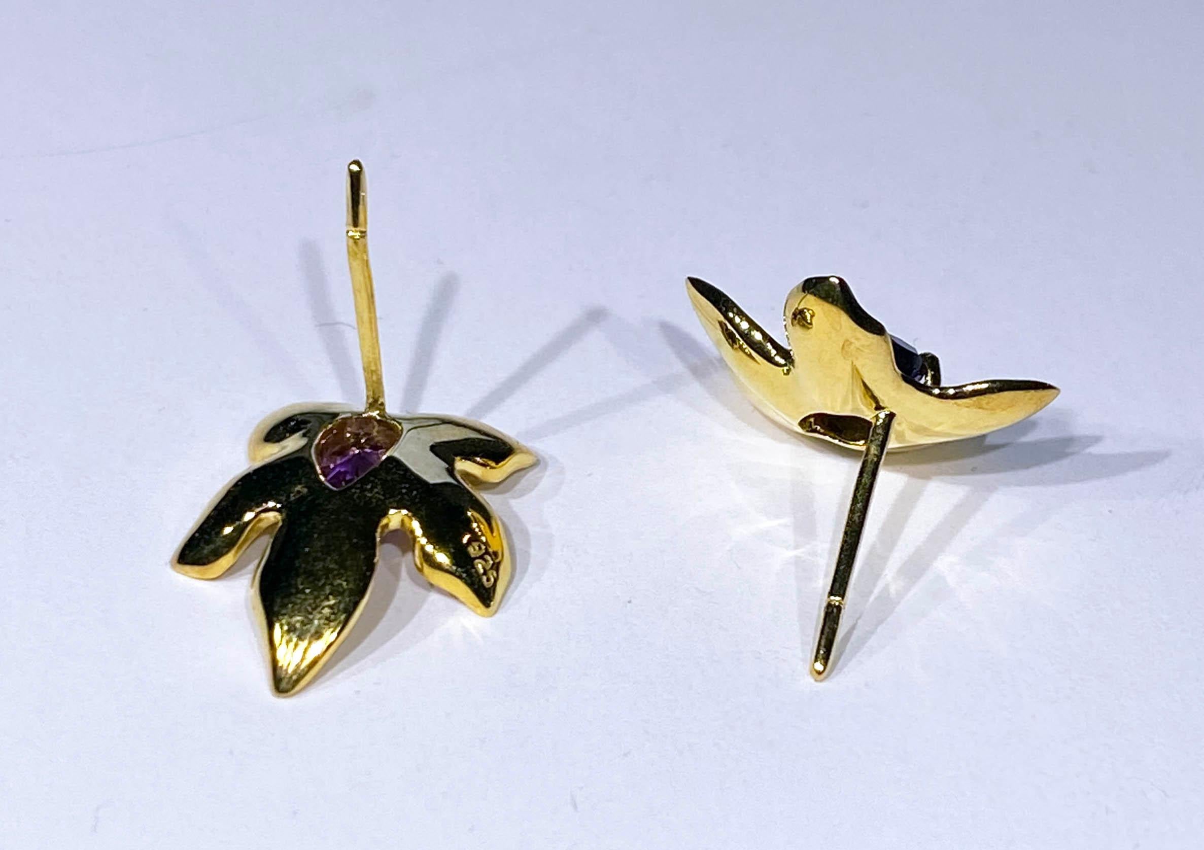 Amethyst Stud Gold Plated Silver Leaf Earrings  In New Condition For Sale In Seattle, WA