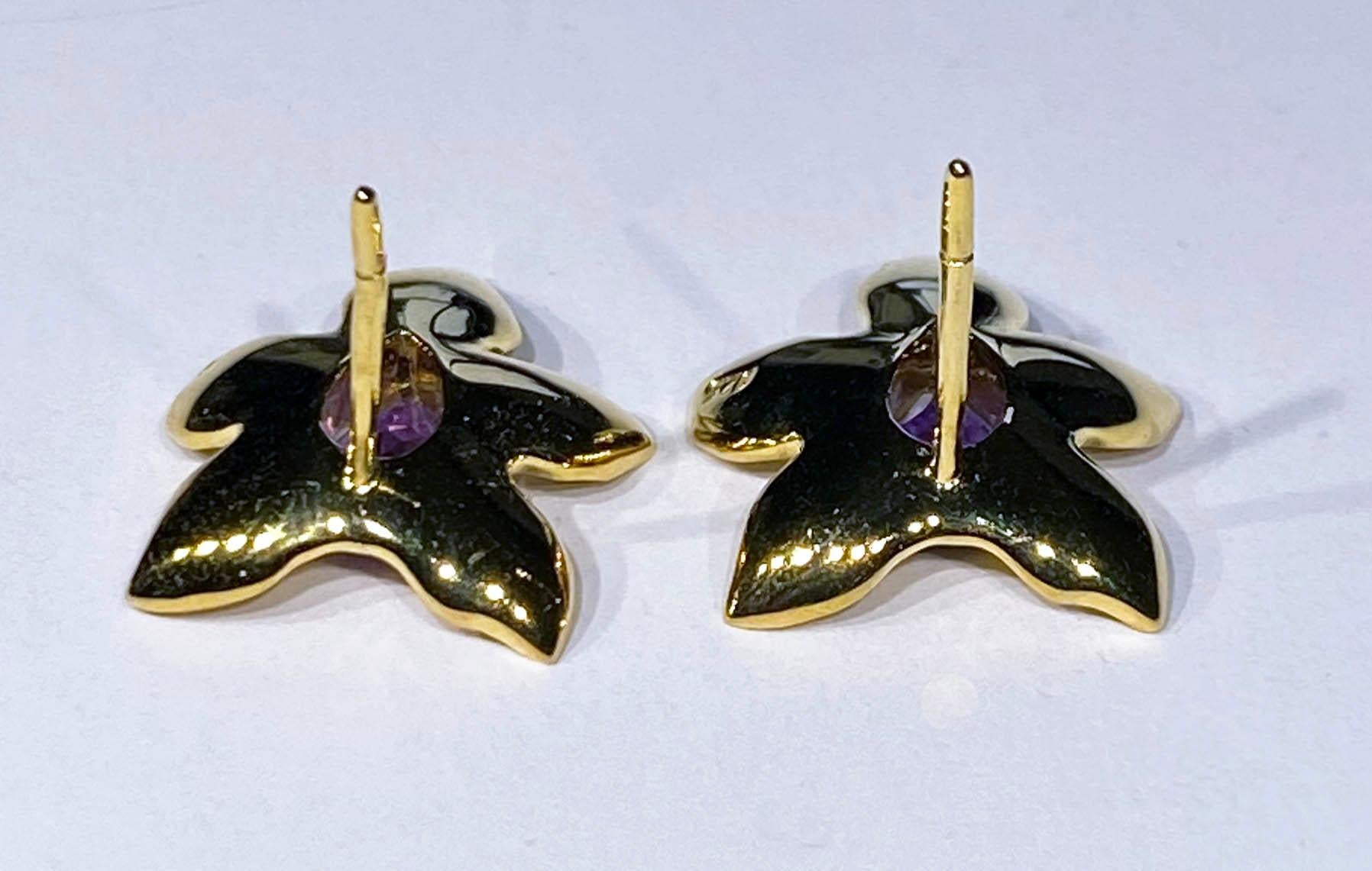 Women's or Men's Amethyst Stud Gold Plated Silver Leaf Earrings  For Sale