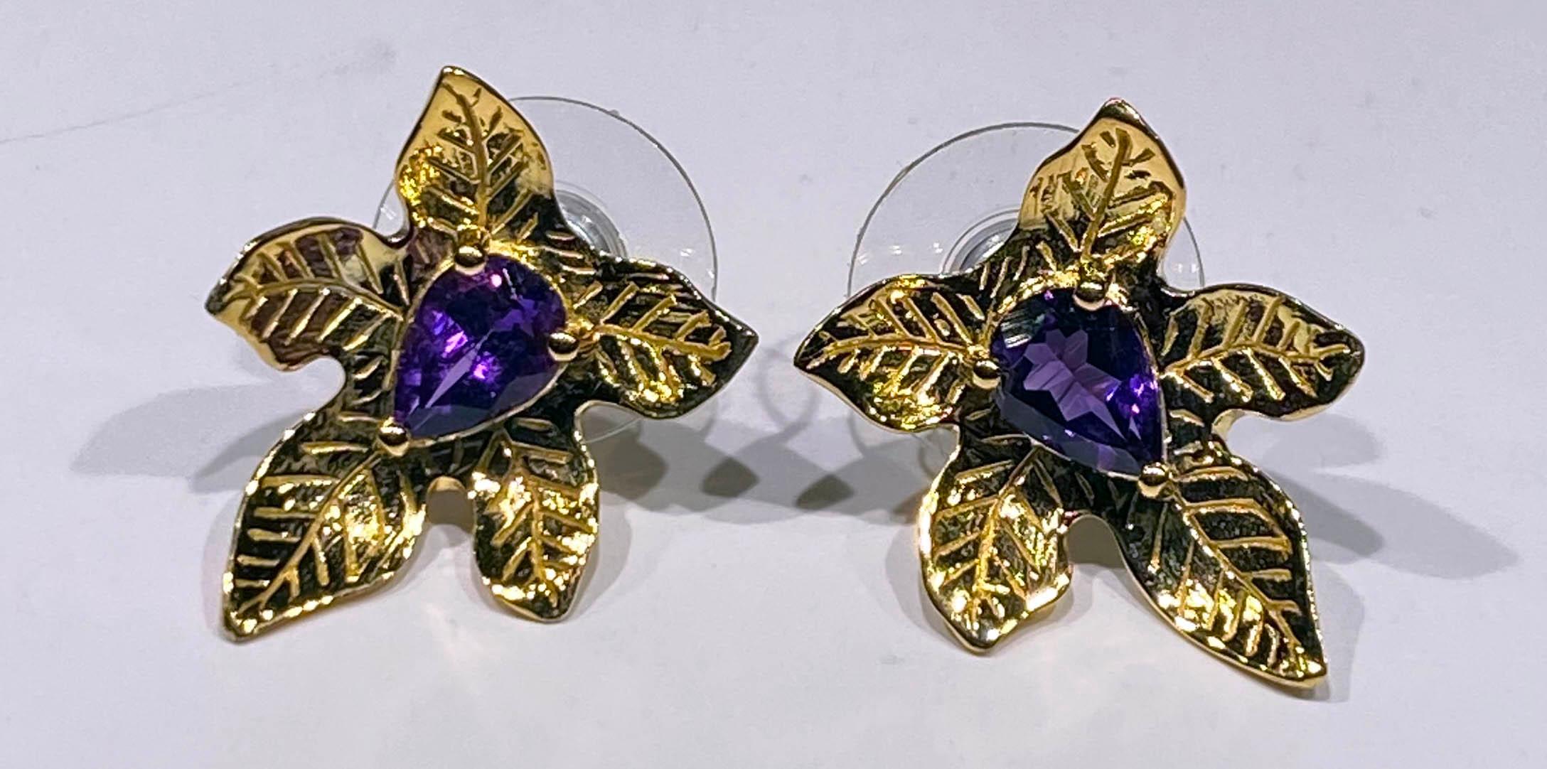 Amethyst Stud Gold Plated Silver Leaf Earrings  For Sale 2